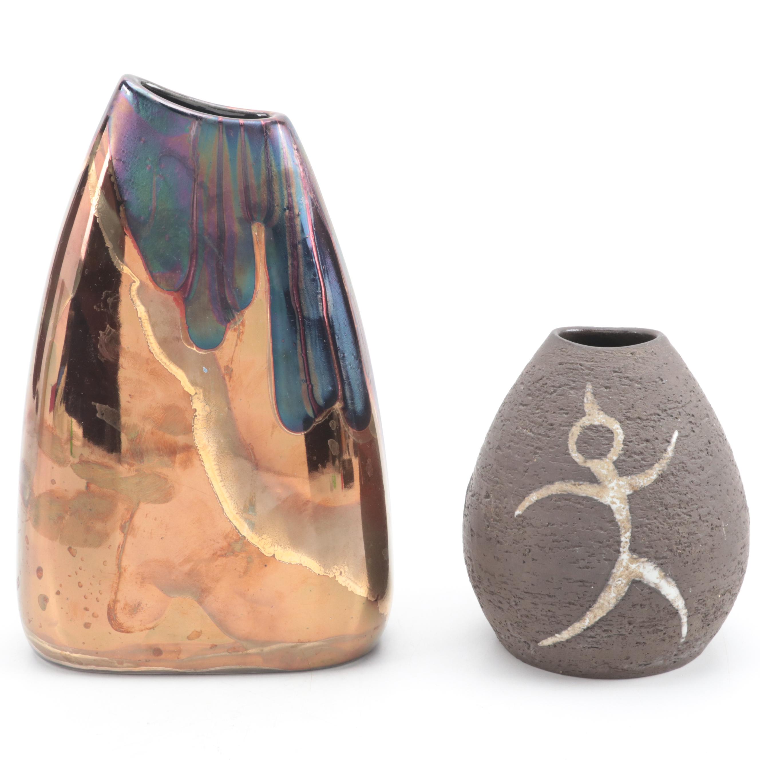 Artist Signed Studio Pottery Copper Luster and Textured Vases