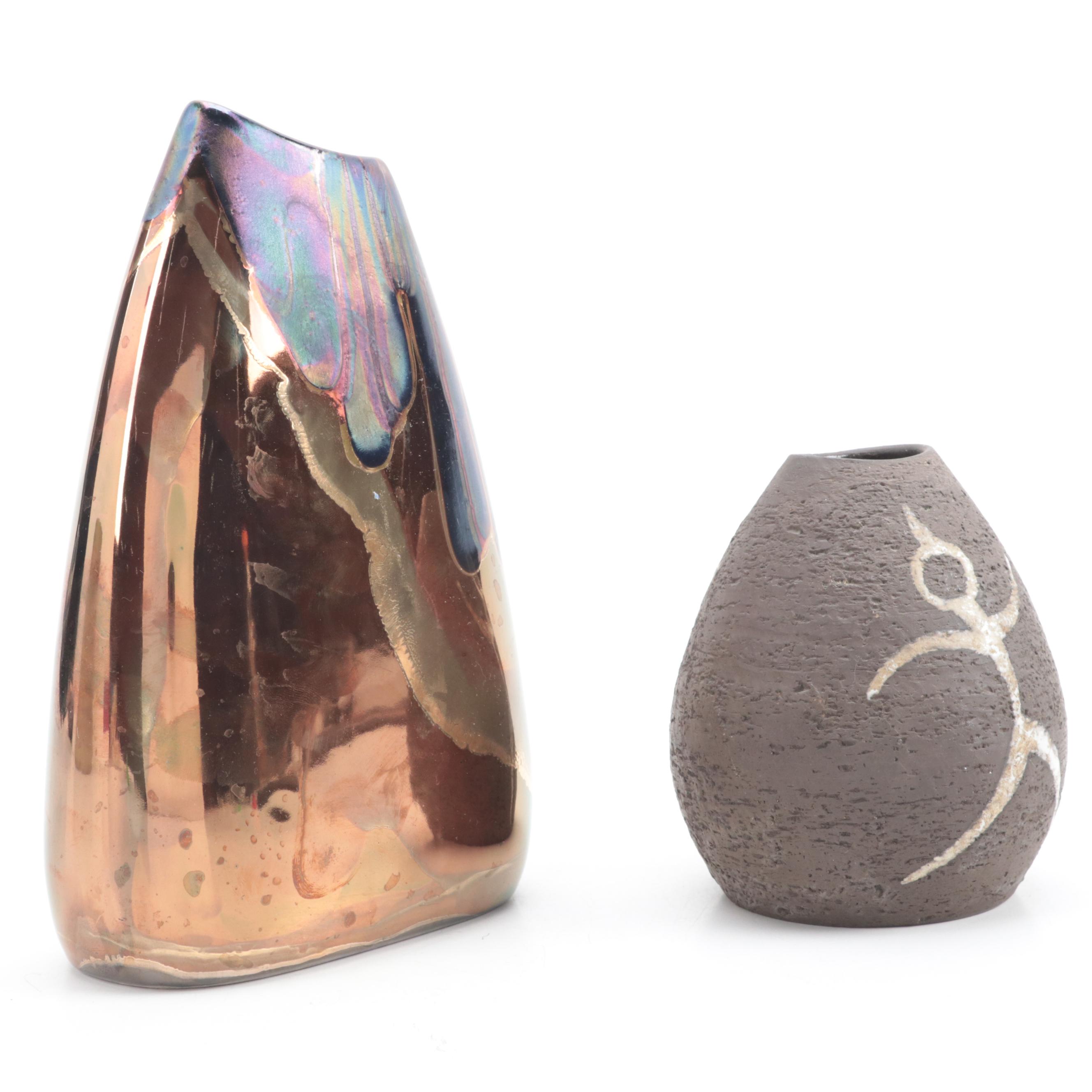 Artist Signed Studio Pottery Copper Luster and Textured Vases