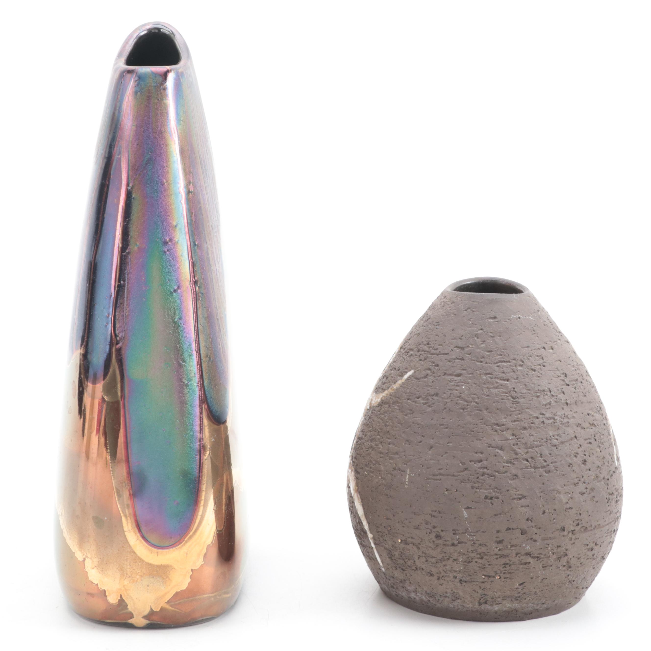 Artist Signed Studio Pottery Copper Luster and Textured Vases