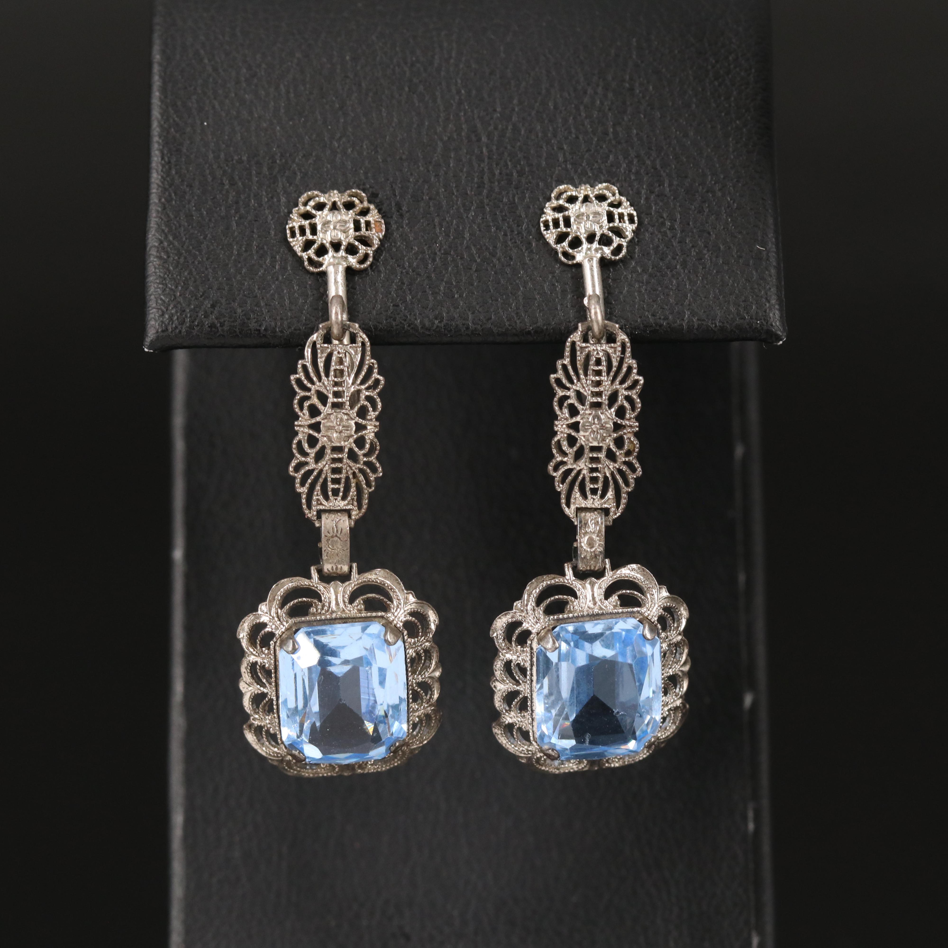 Vintage Faceted Blue Glass Earrings in Sterling