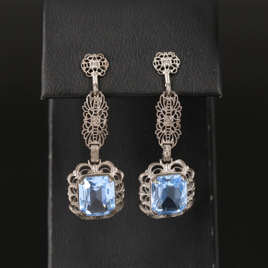 Vintage Faceted Blue Glass Earrings in Sterling