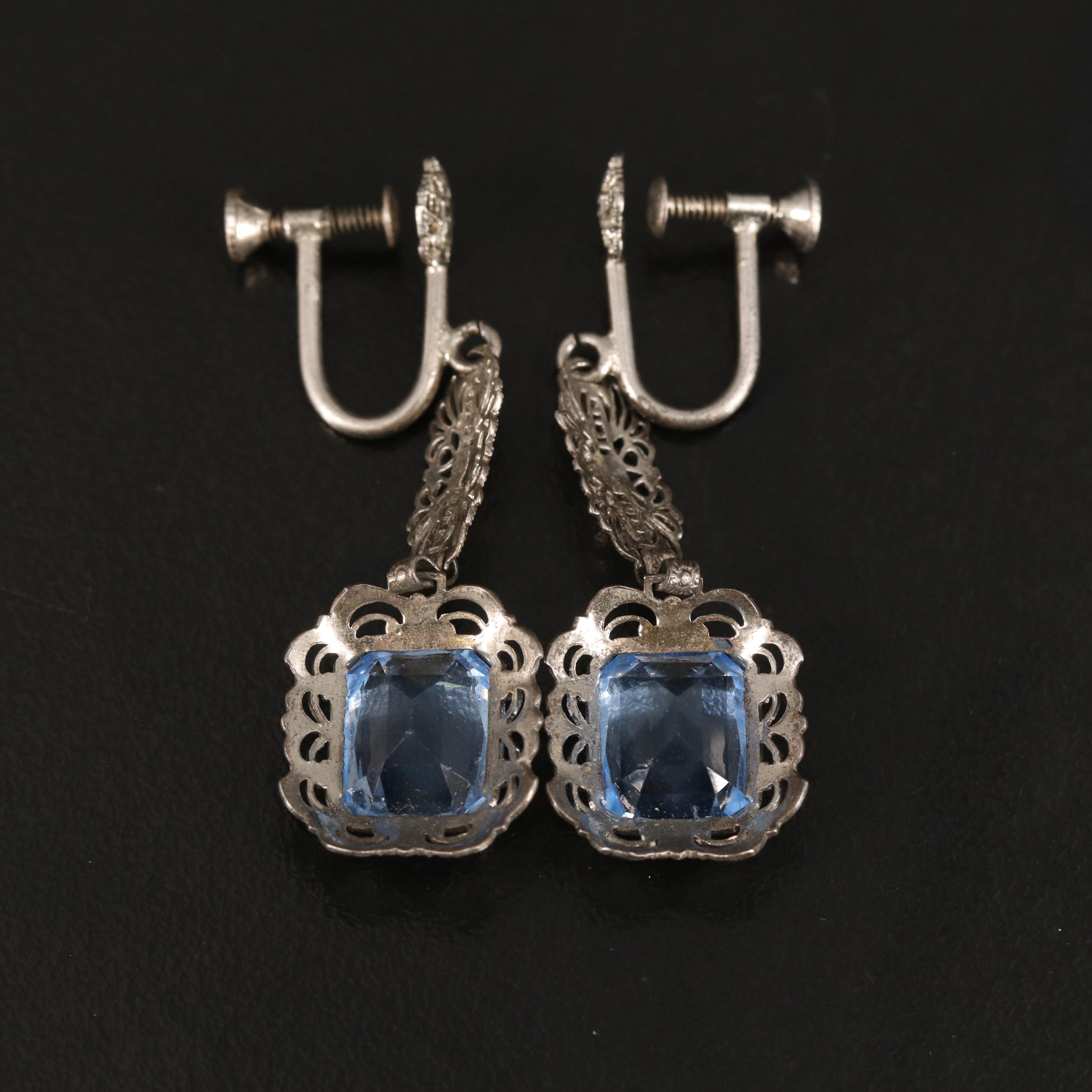Vintage Faceted Blue Glass Earrings in Sterling