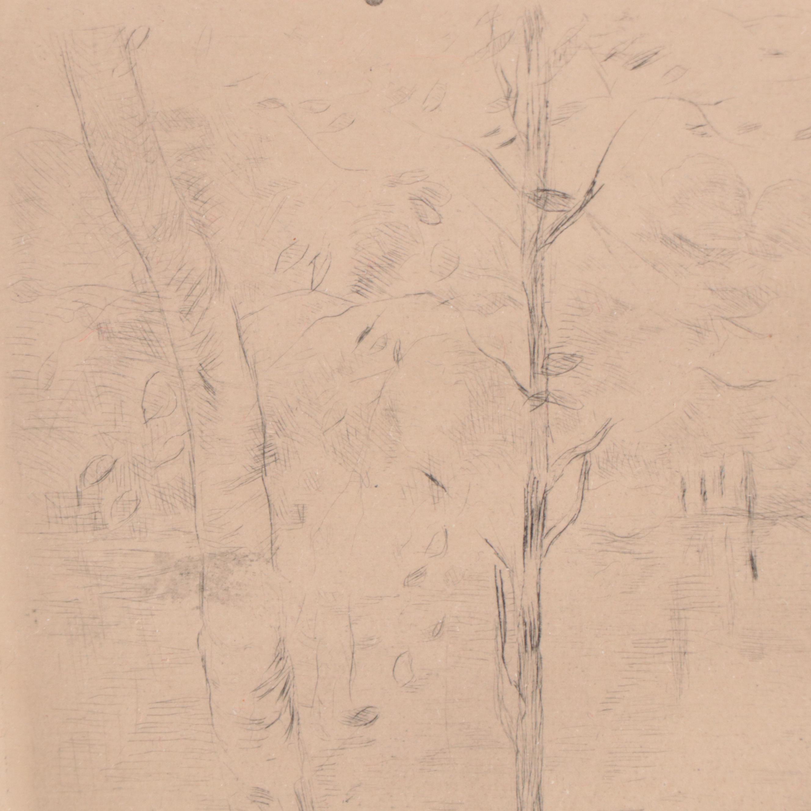 Drypoint Etching of Wooded Lake Landscape