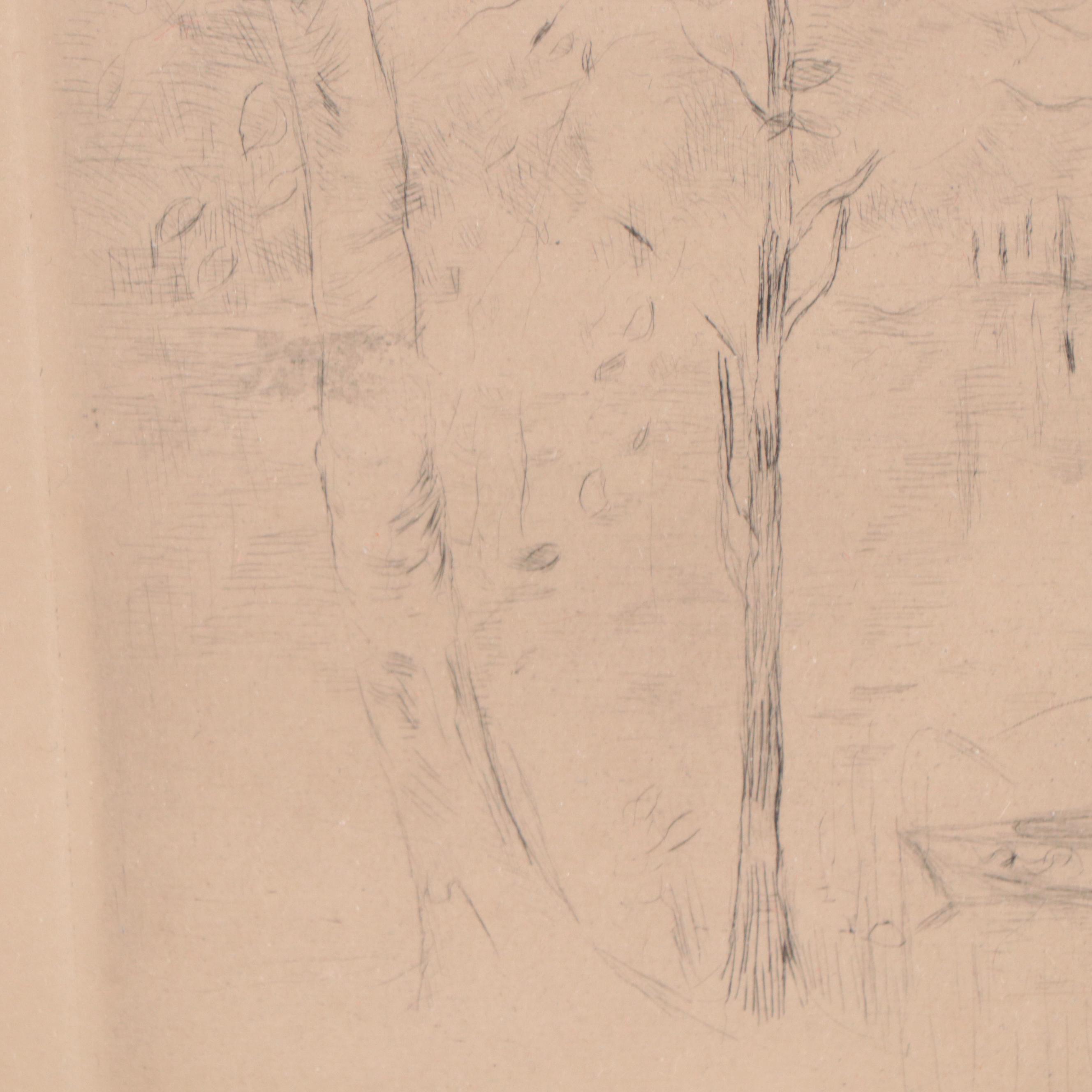 Drypoint Etching of Wooded Lake Landscape