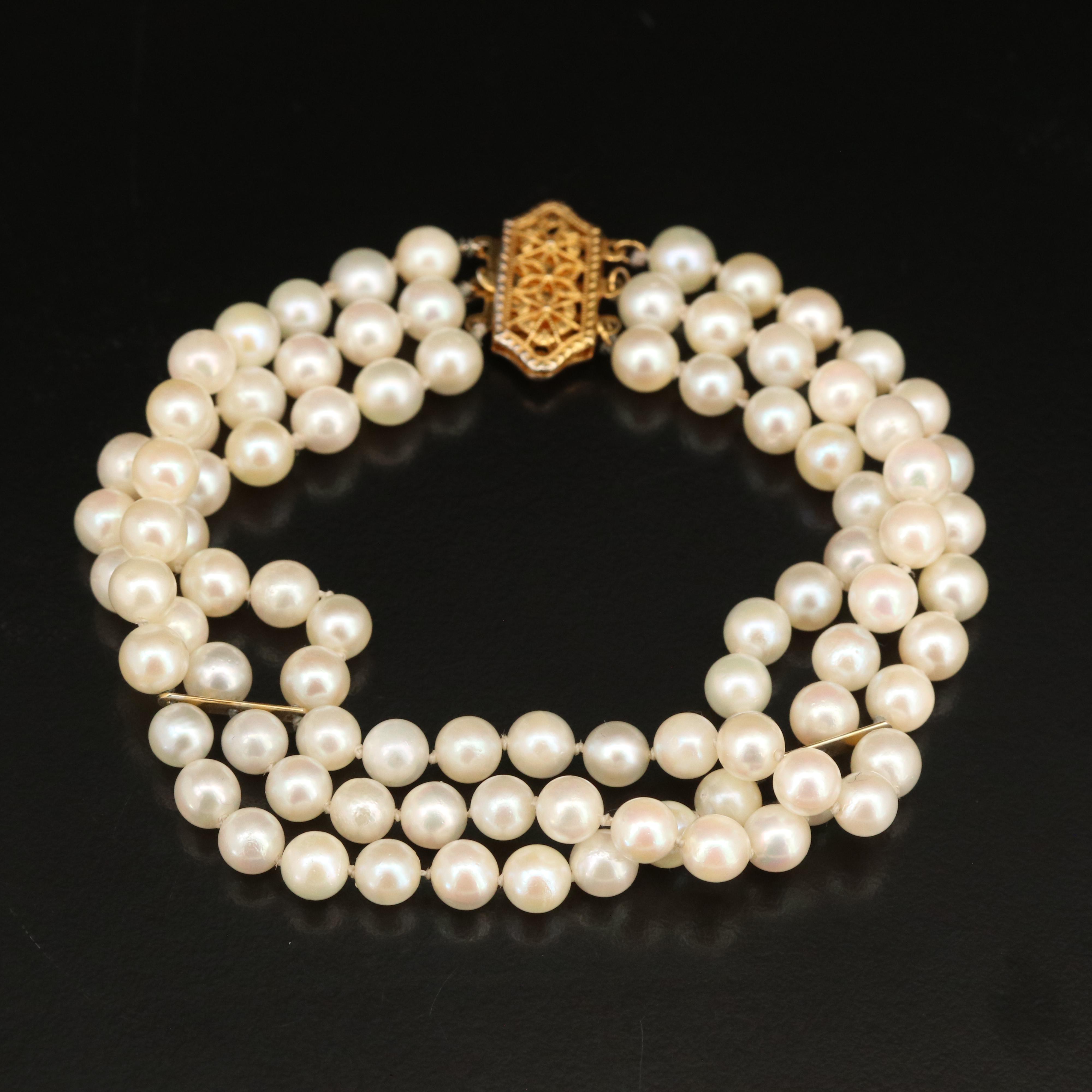 14K Triple Strand Pearl Bracelet
