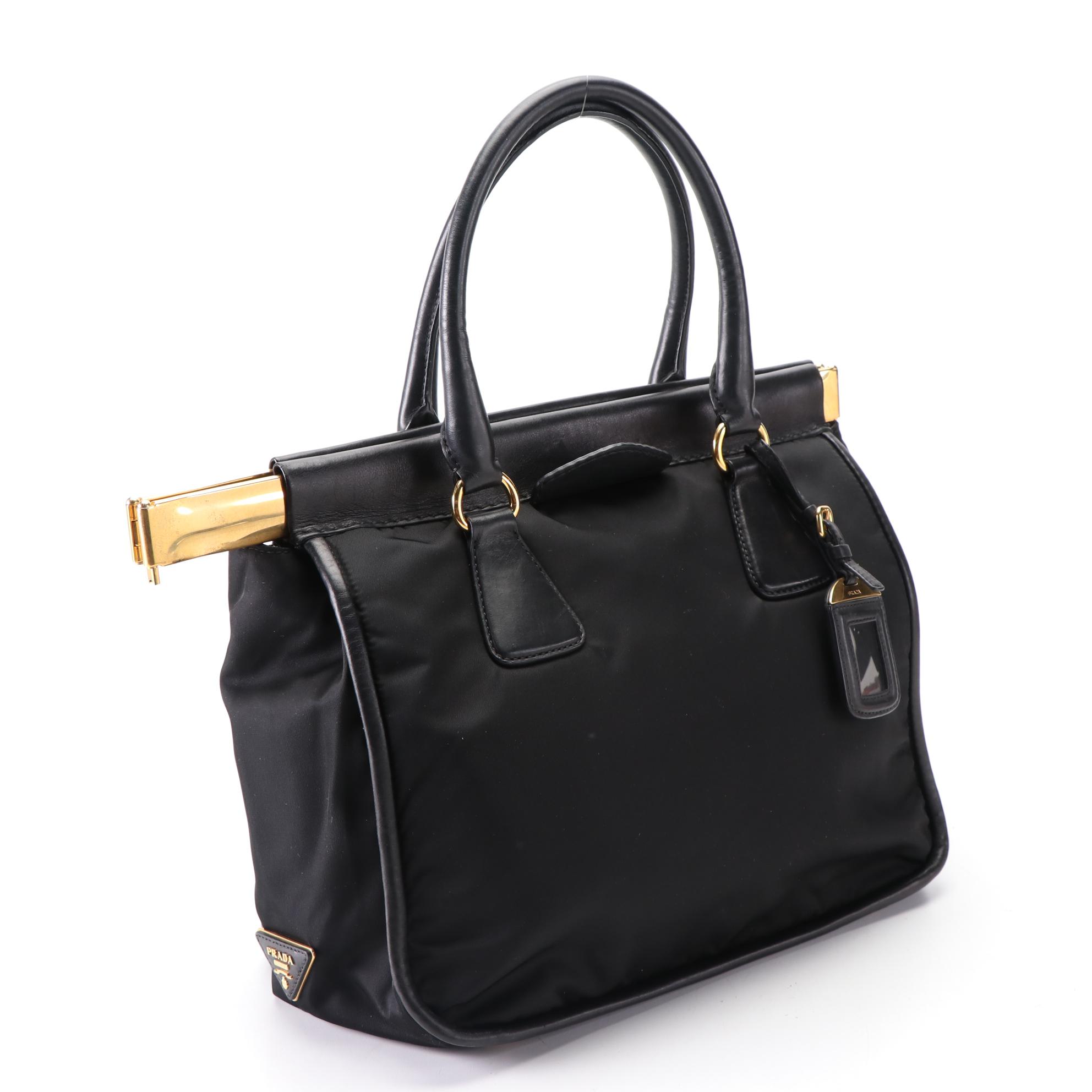 Prada Large Tessuto Frame Tote in Black Nylon and Leather Trim