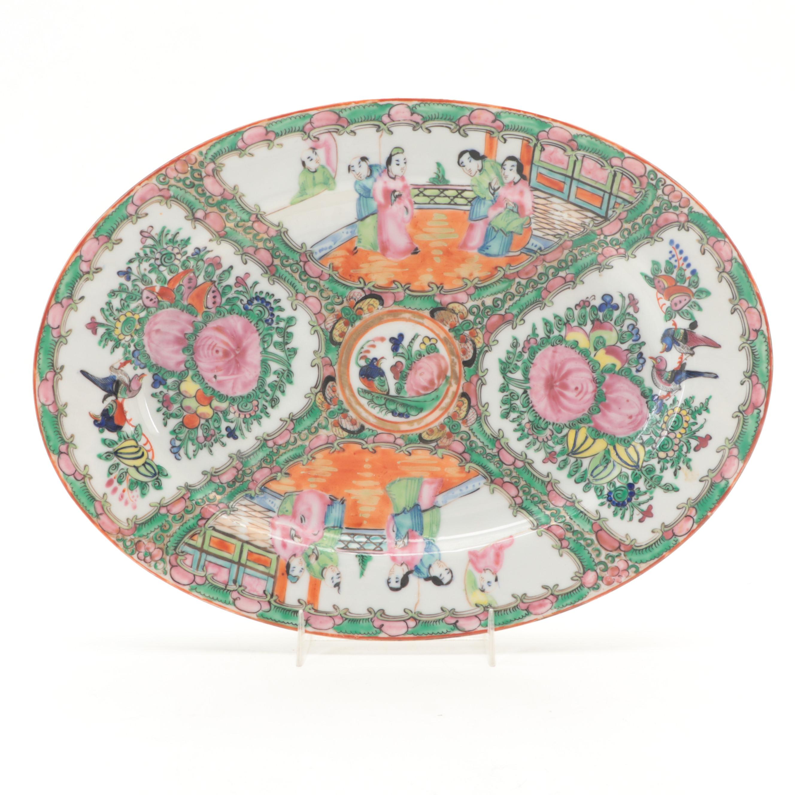 Chinese Porcelain Rose Medallion Oval Platter and Bowl