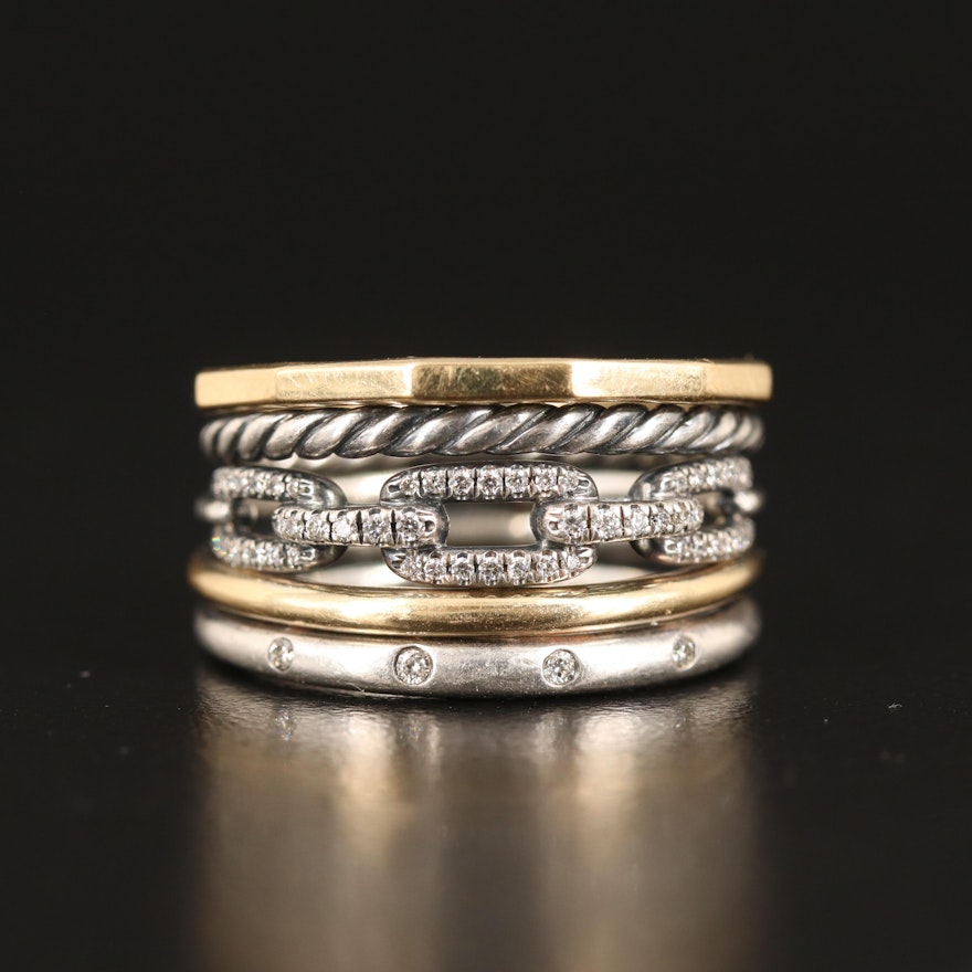 David Yurman "Stax" Five Band Ring with Diamond Accents in Sterling and 18K