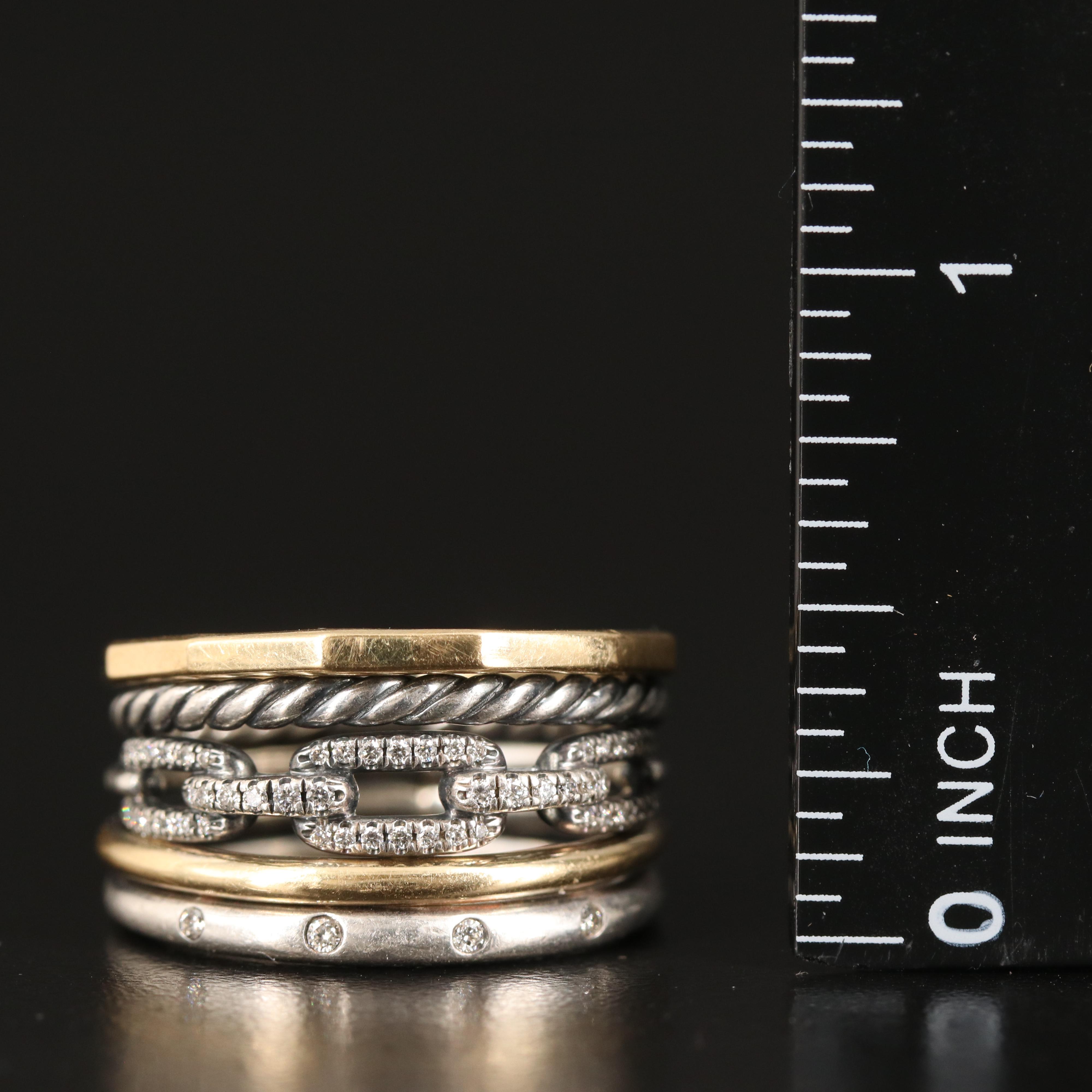 David Yurman "Stax" Five Band Ring with Diamond Accents in Sterling and 18K