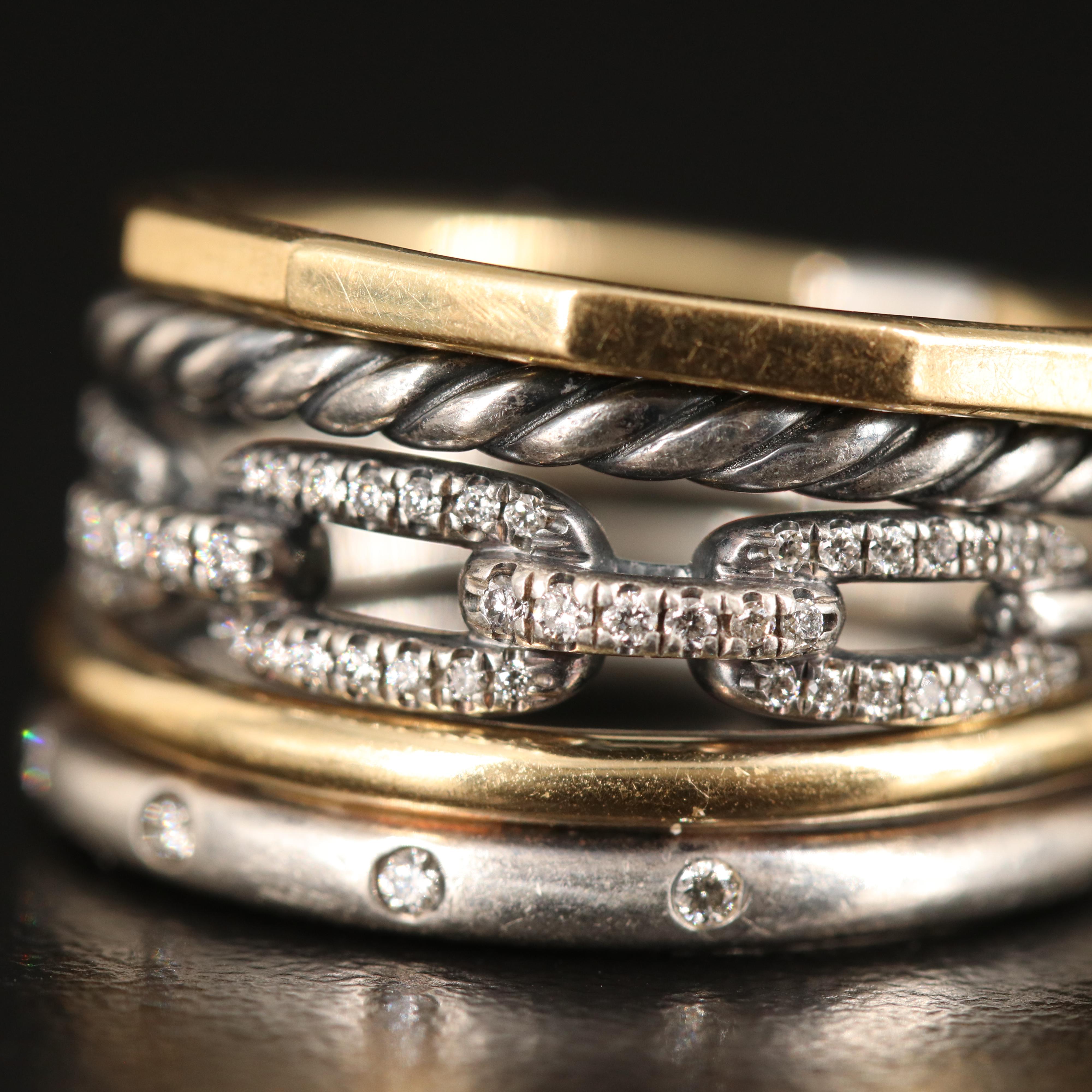 David Yurman "Stax" Five Band Ring with Diamond Accents in Sterling and 18K