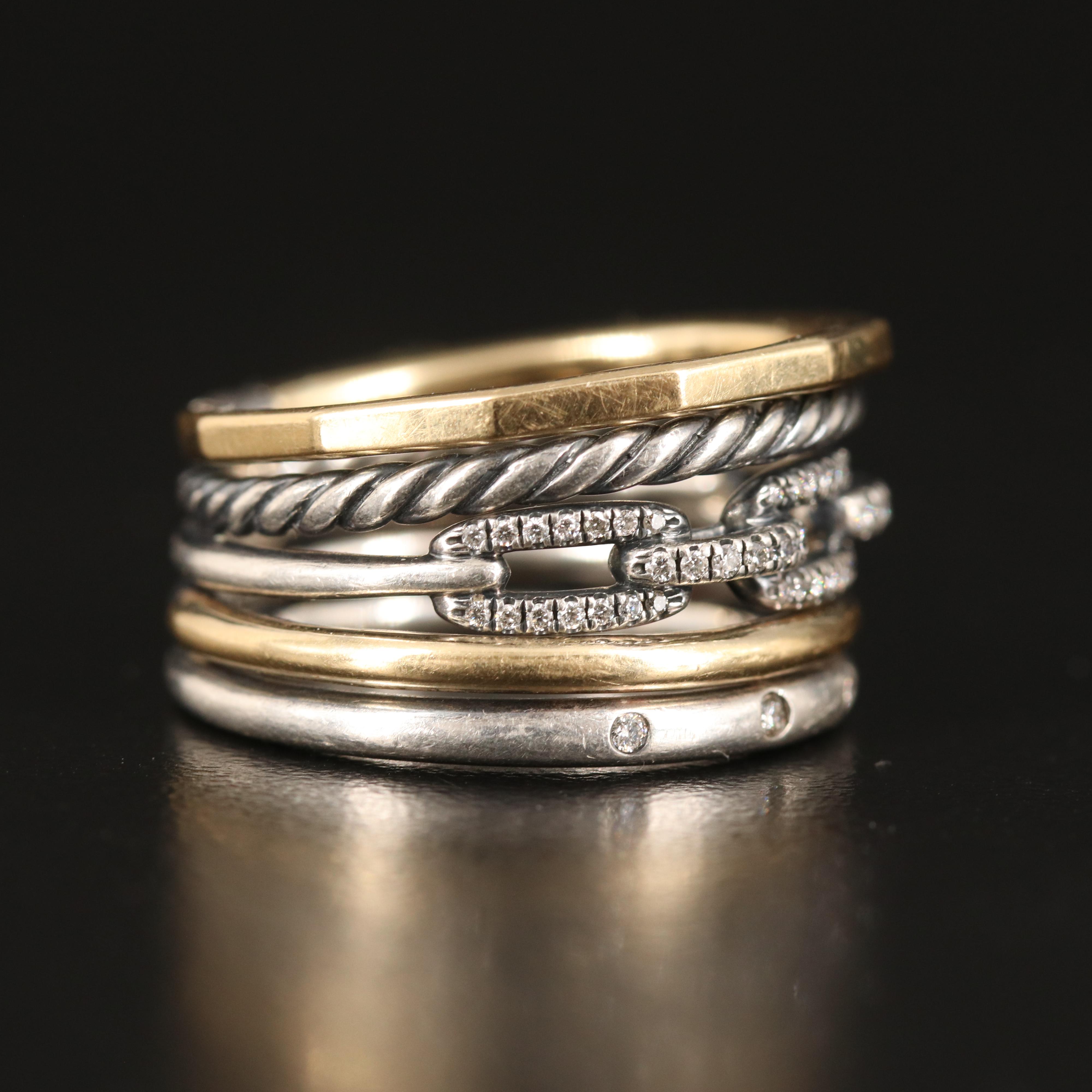 David Yurman "Stax" Five Band Ring with Diamond Accents in Sterling and 18K
