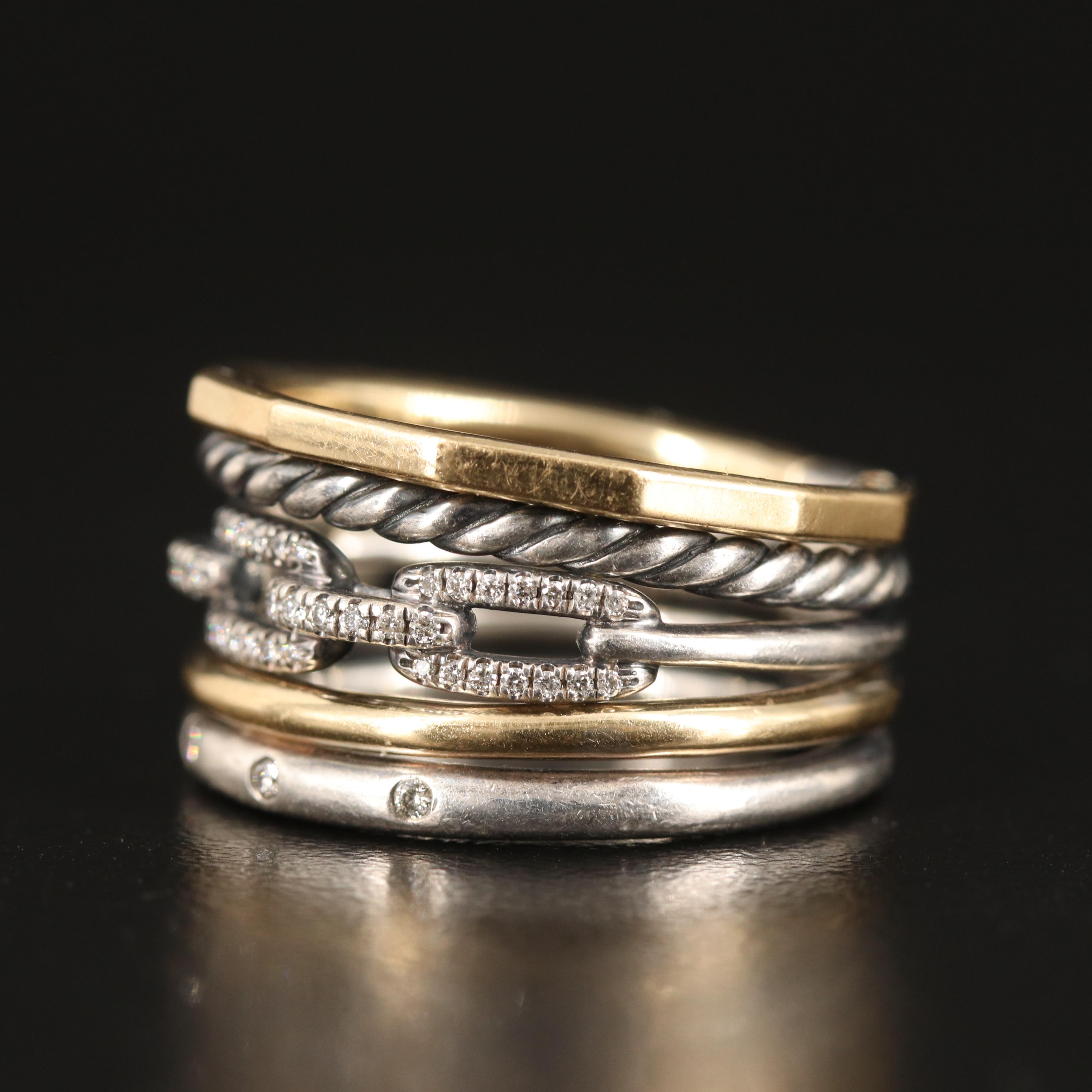 David Yurman "Stax" Five Band Ring with Diamond Accents in Sterling and 18K