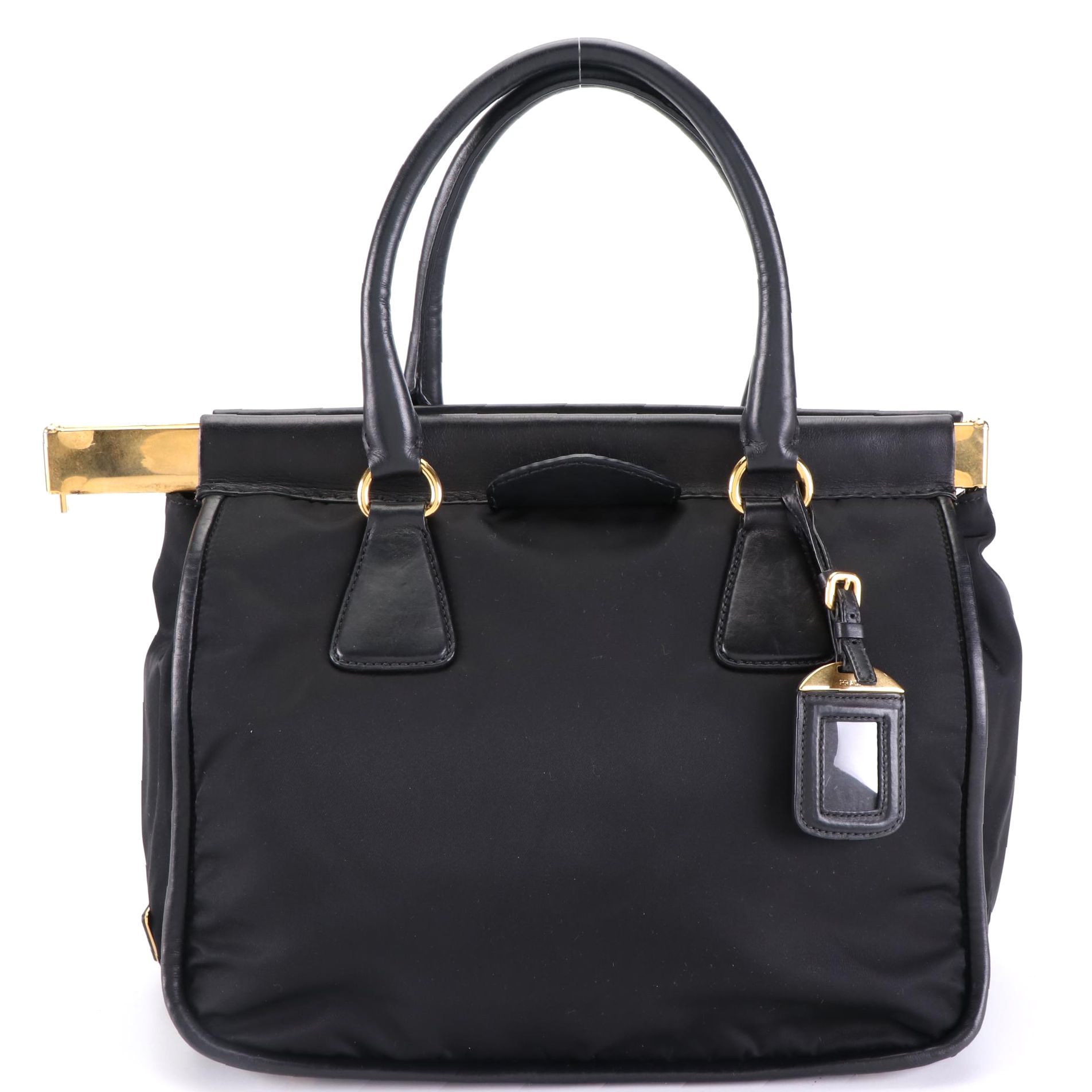 Prada Large Tessuto Frame Tote in Black Nylon and Leather Trim