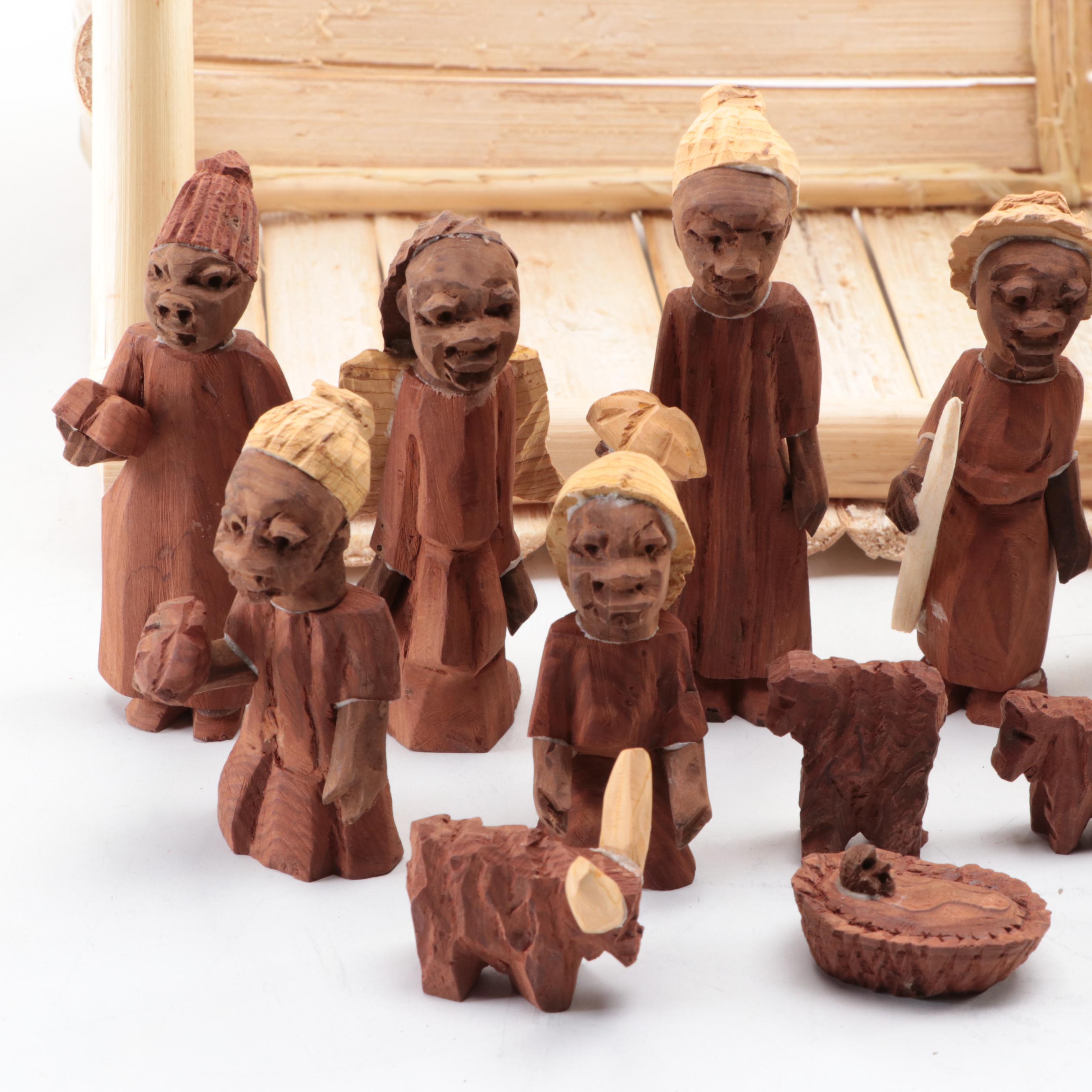 Carved Wood Nativity Figurines with Bamboo Manger