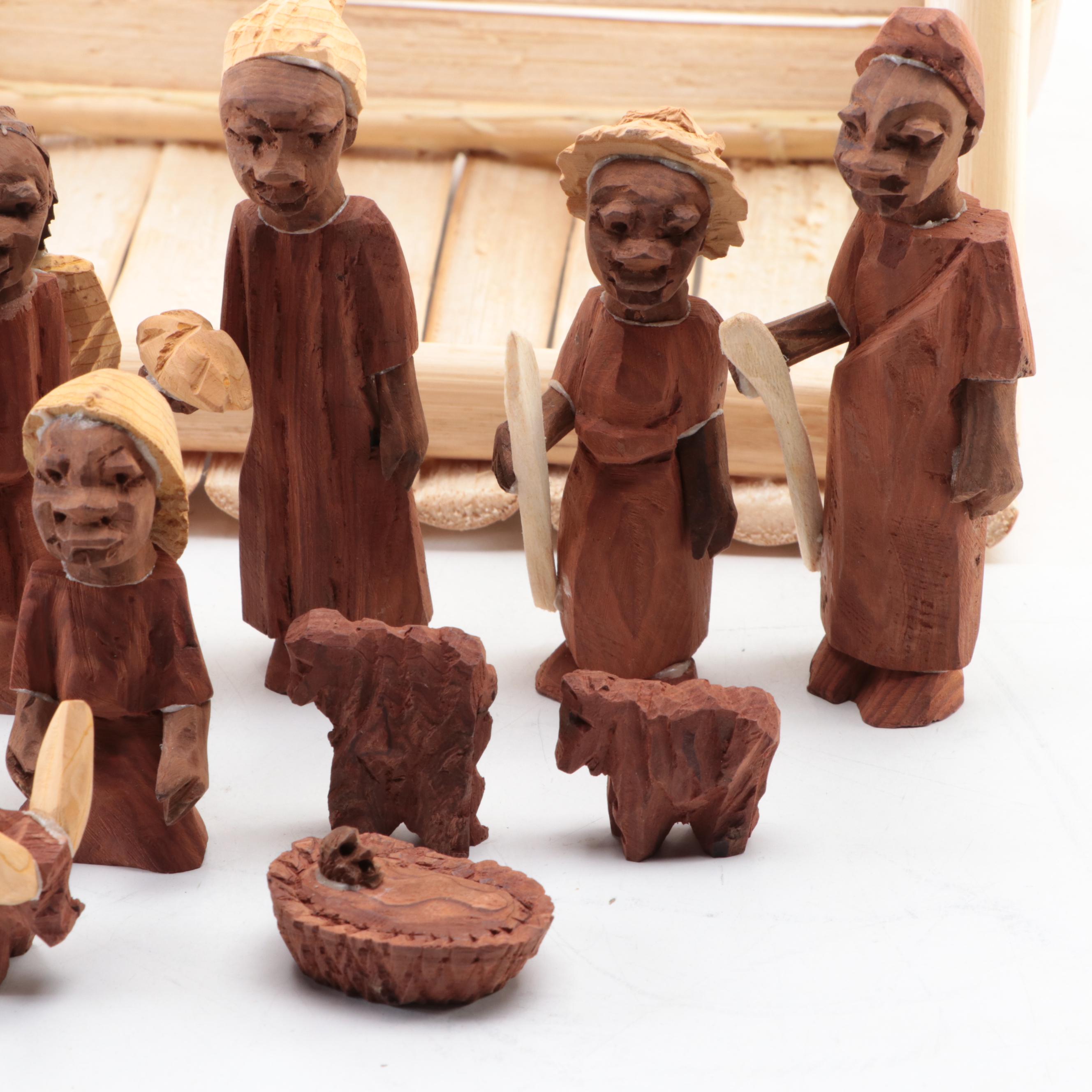 Carved Wood Nativity Figurines with Bamboo Manger