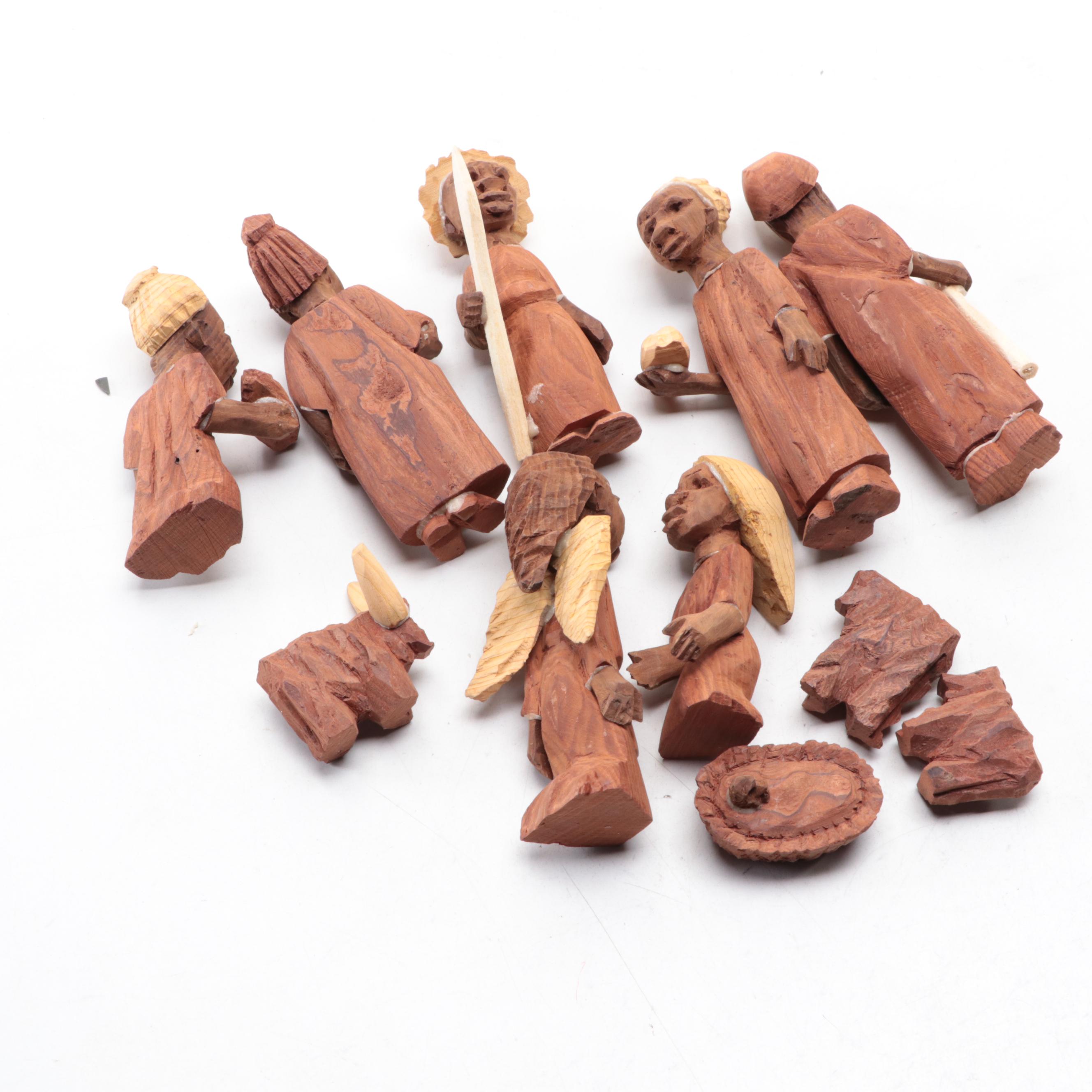 Carved Wood Nativity Figurines with Bamboo Manger