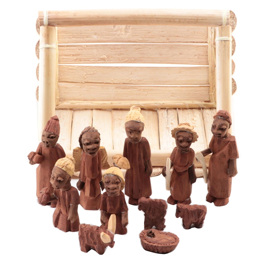 Carved Wood Nativity Figurines with Bamboo Manger