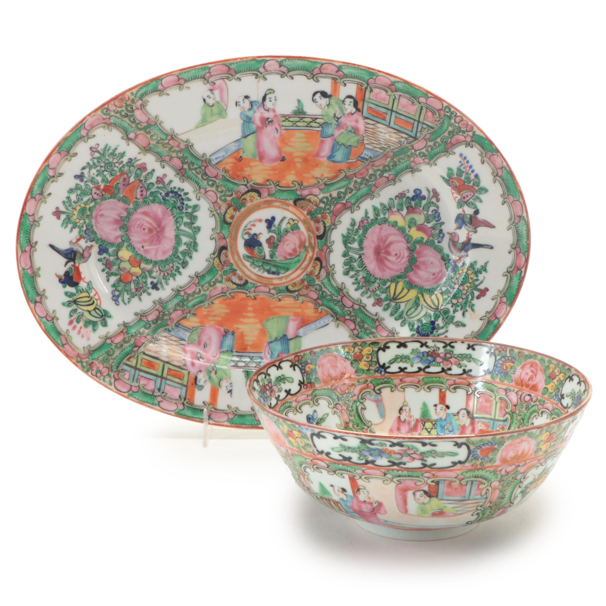 Chinese Porcelain Rose Medallion Oval Platter and Bowl