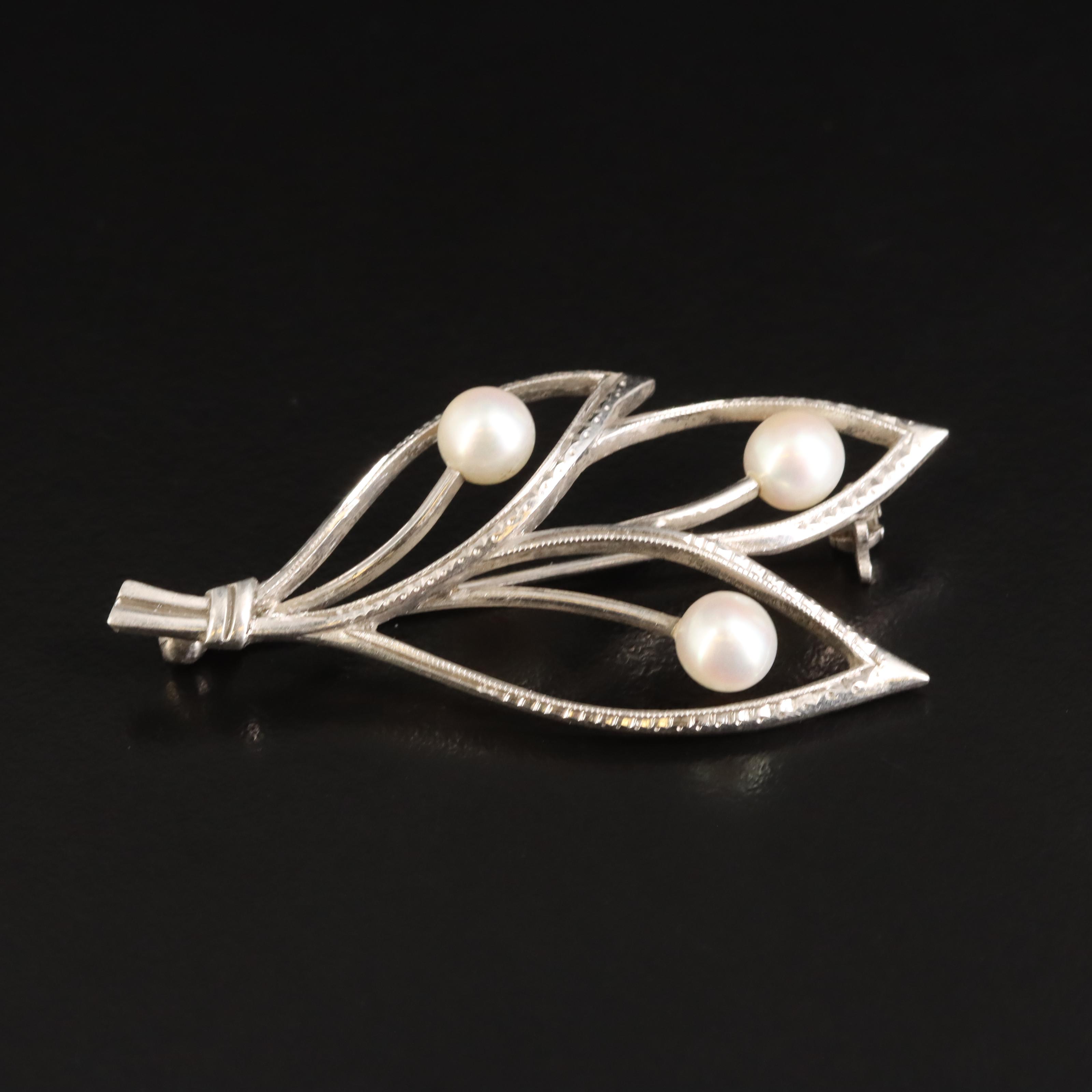 Mikimoto Sterling Pearl Foliate Brooch