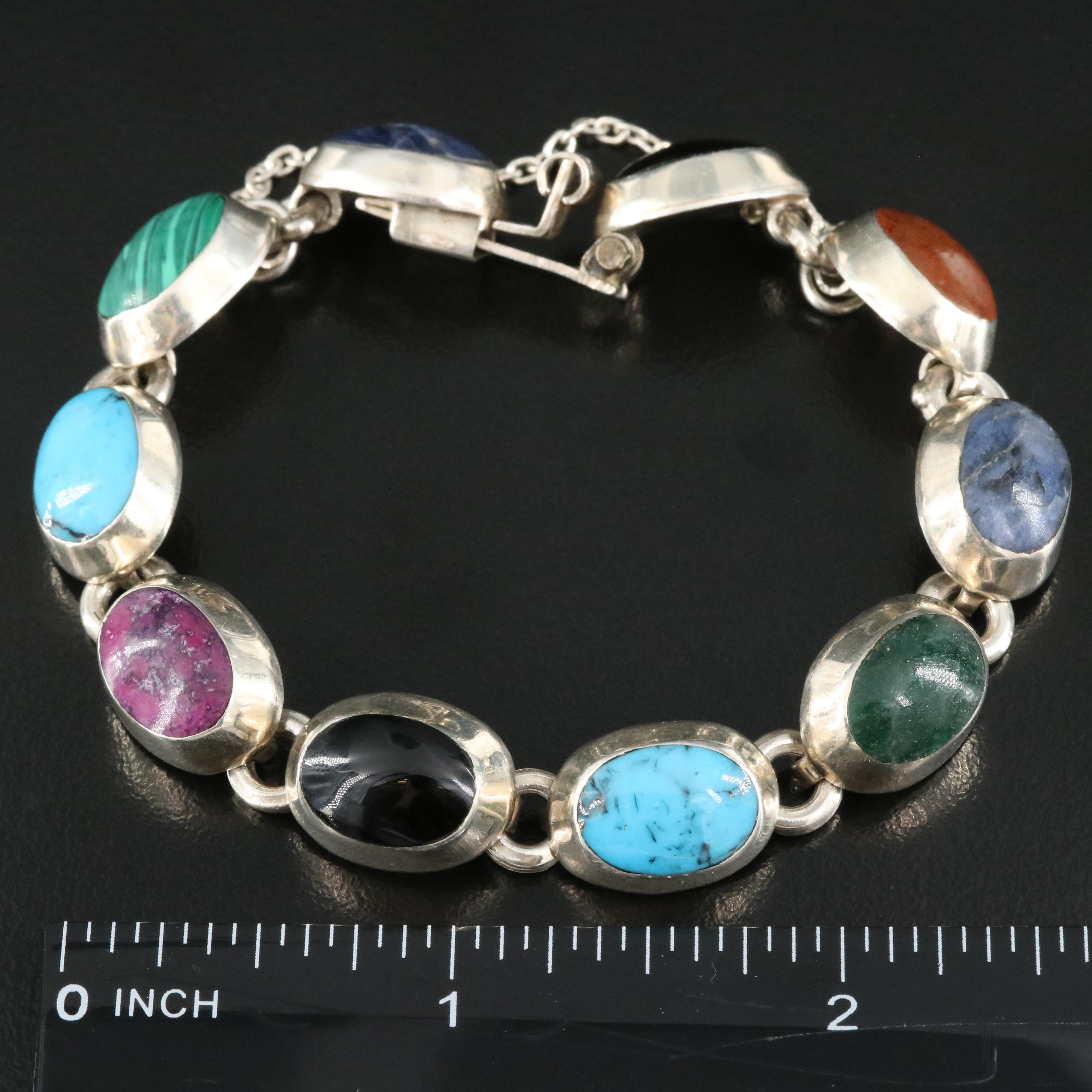 Mexican Sterling Bracelet Including Turquoise, Black Onyx and Sodalite