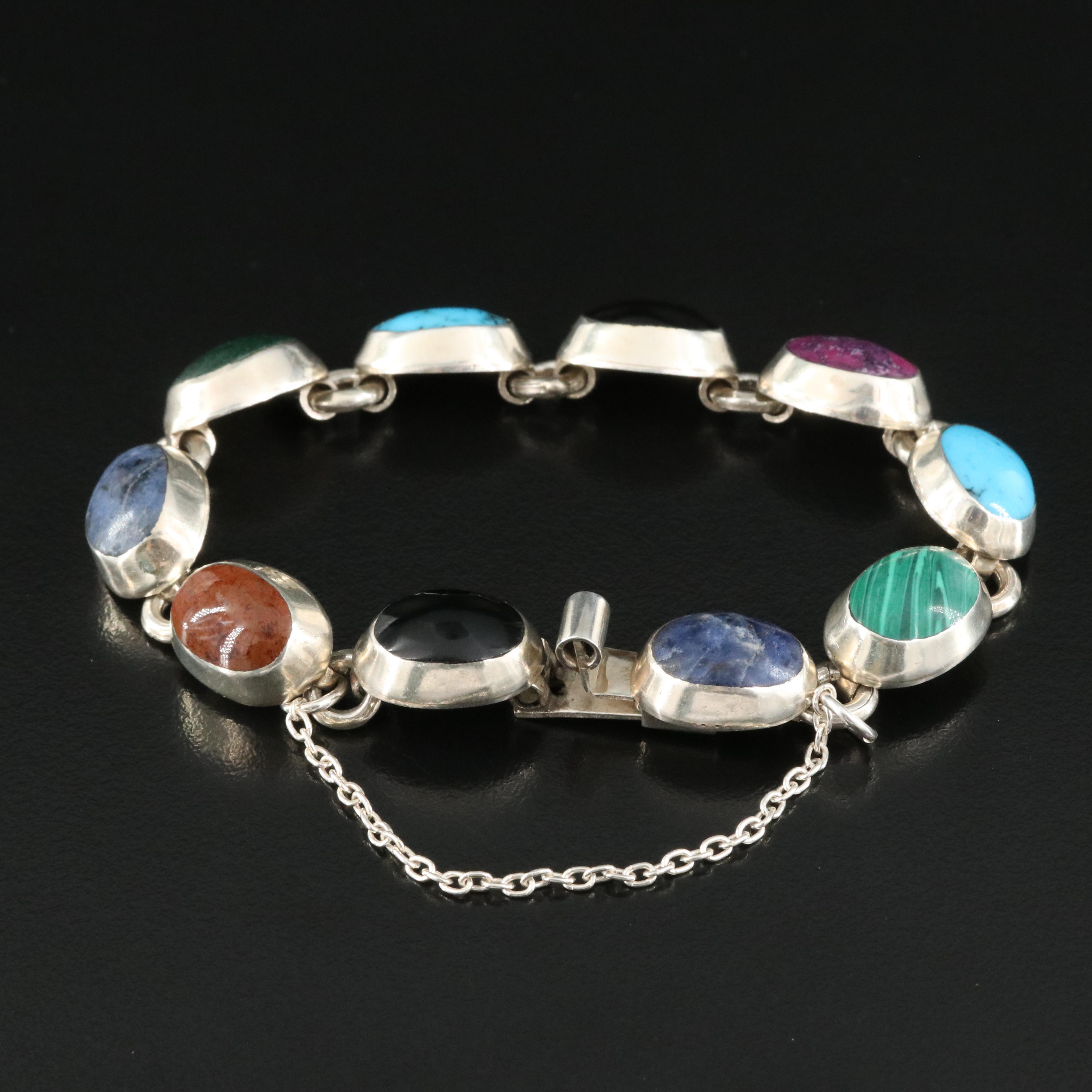 Mexican Sterling Bracelet Including Turquoise, Black Onyx and Sodalite