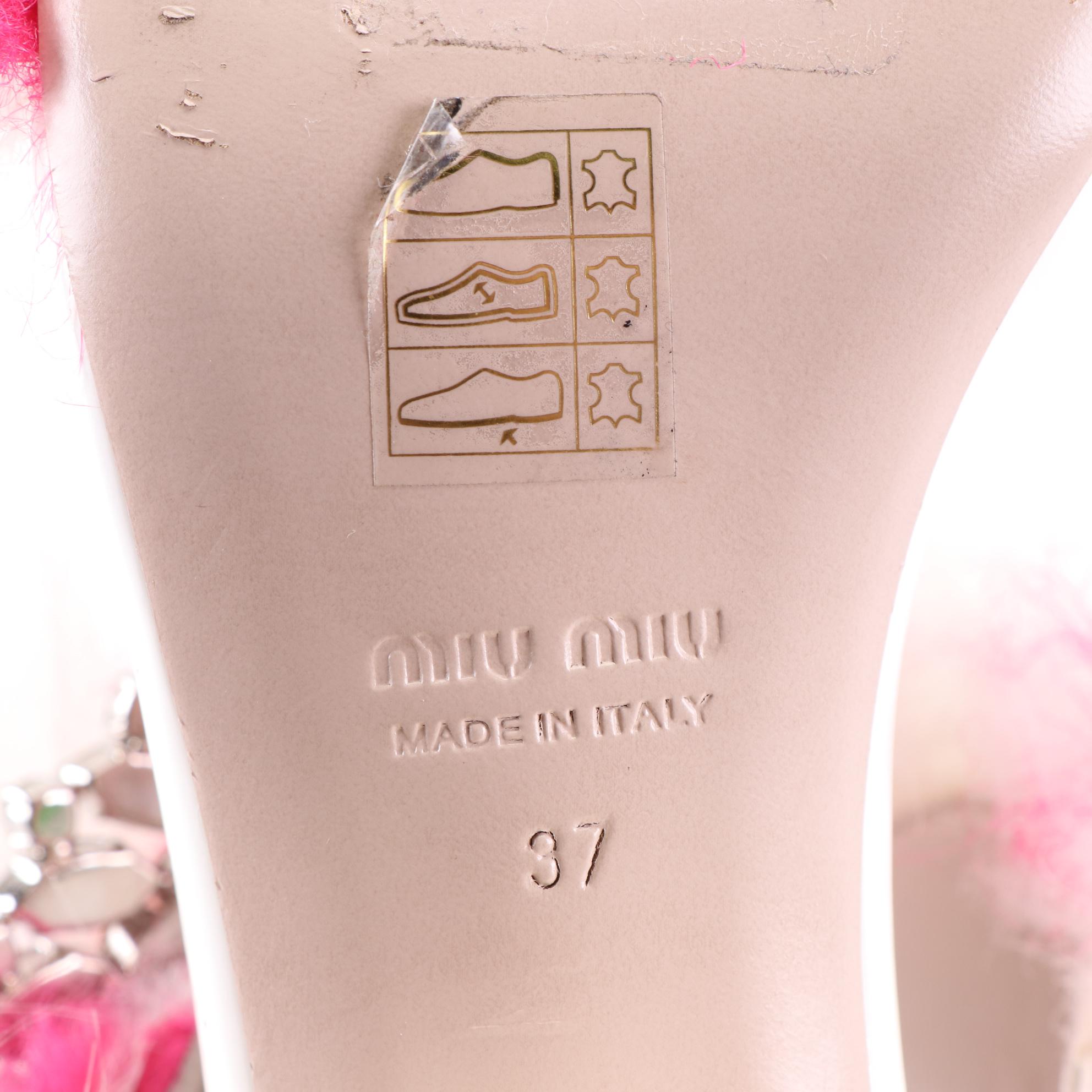 Miu Miu Rhinestone Heeled Sandals in White Patent Leather with Faux Fur Trim