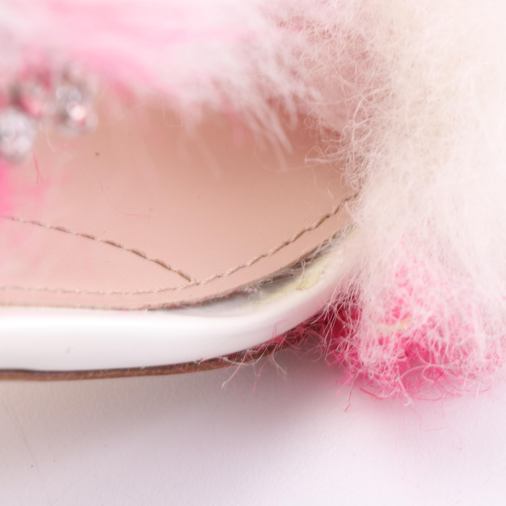 Miu Miu Rhinestone Heeled Sandals in White Patent Leather with Faux Fur Trim