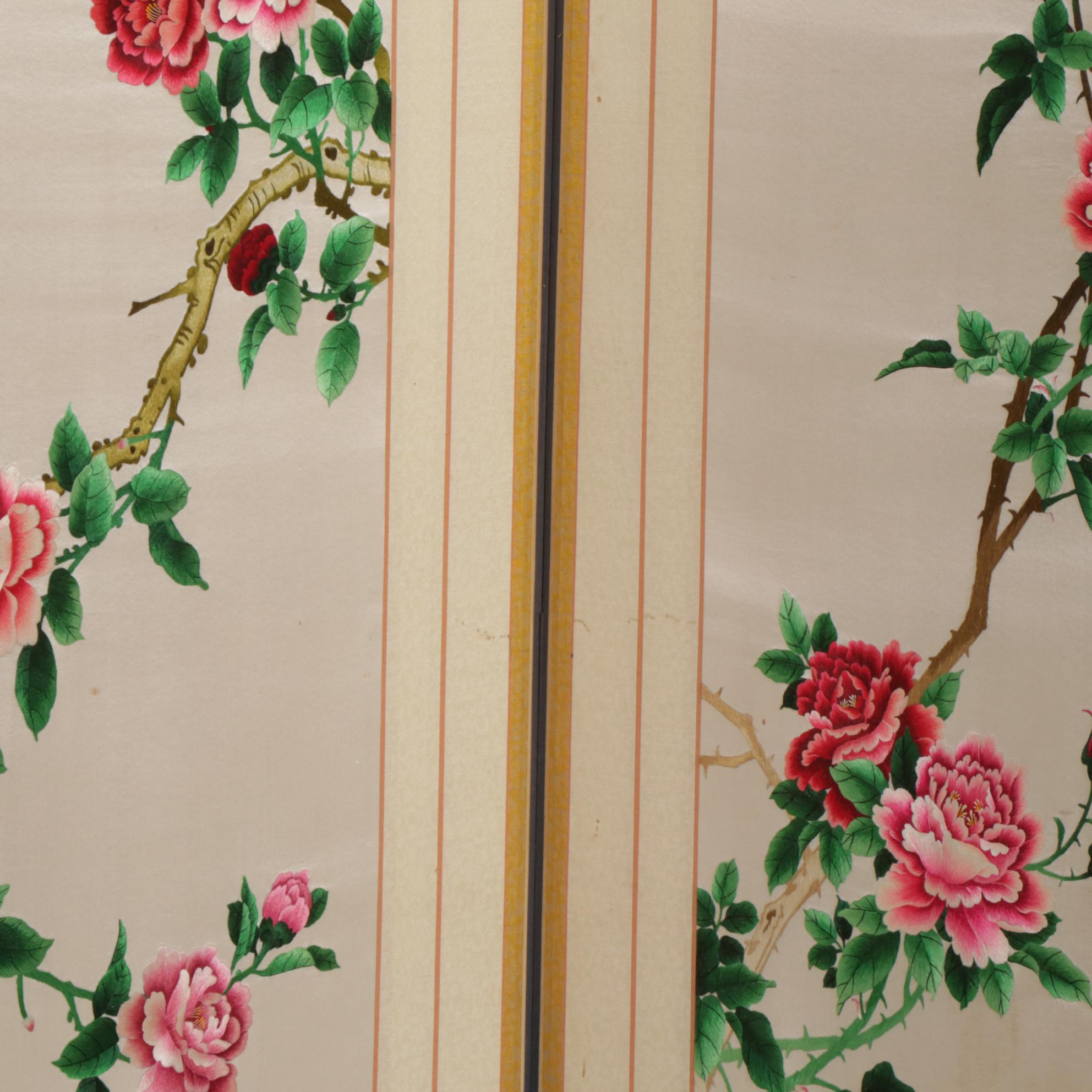 Chinese 2-Panel Screen with Embroidered Floral Panels, Late 20th Century