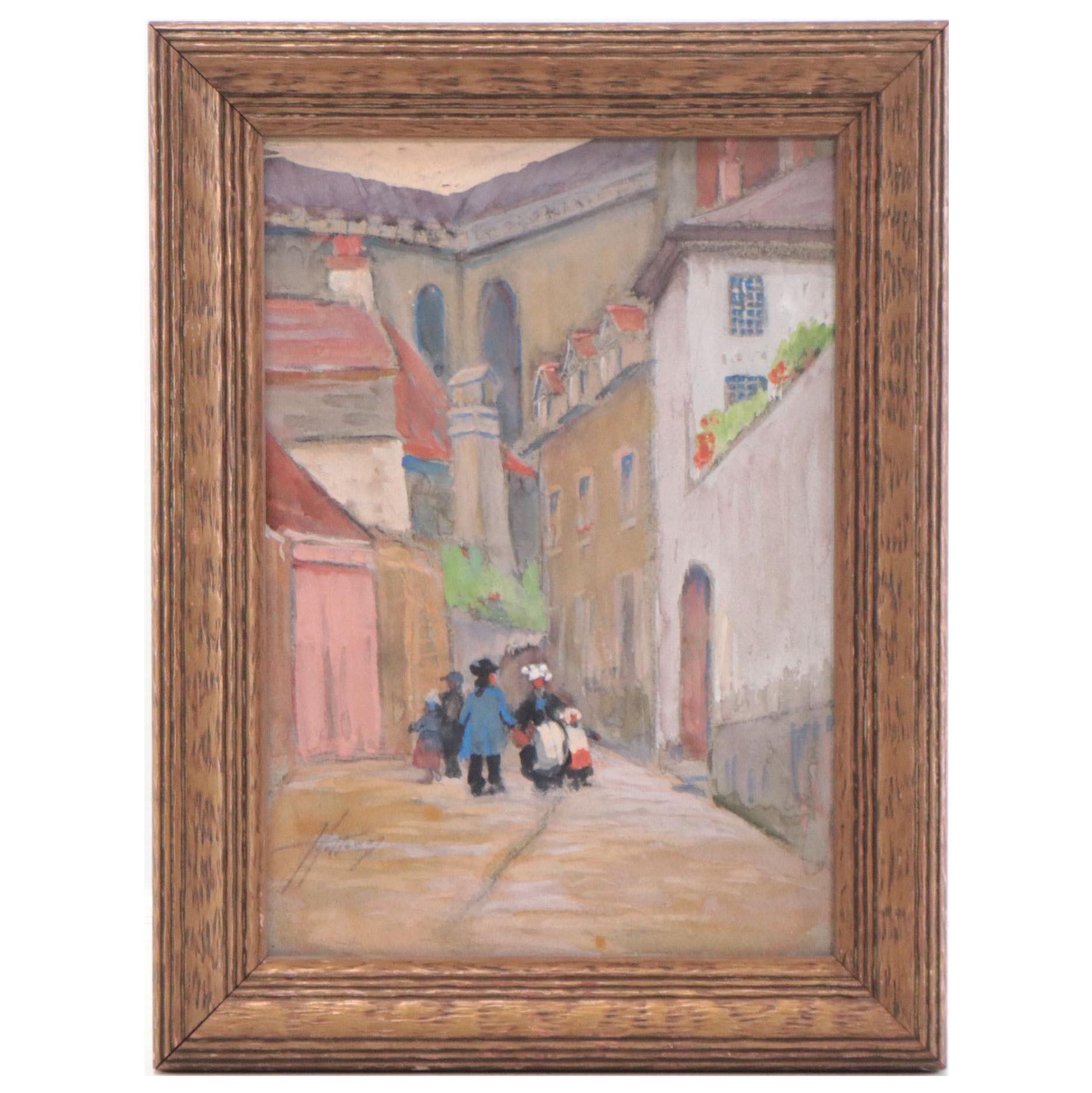 Ida Holterhoff Holloway Gouache Painting of Village Scene With Figures