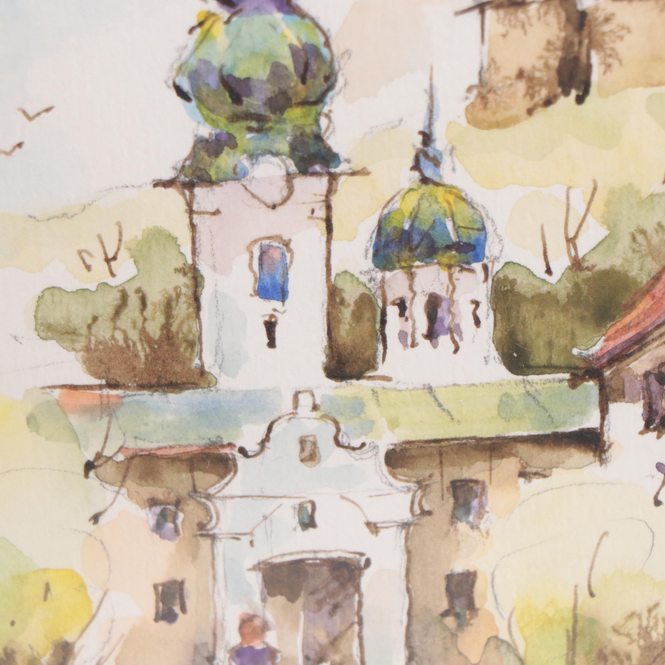 Andrzej Bogoria-Świątkiewicz Architectural Landscape Watercolor, 1993