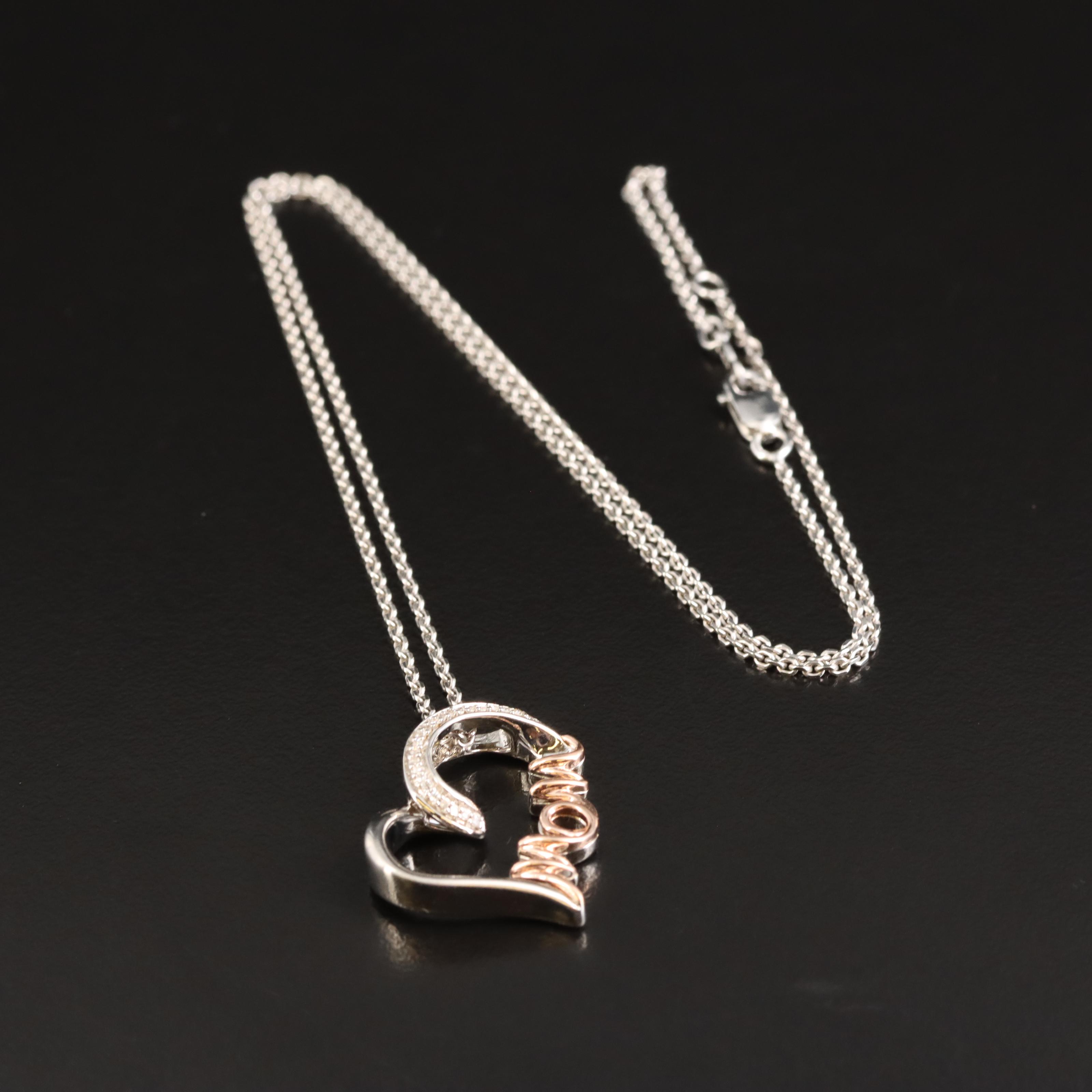 Sterling Diamond "Mom" Heart Pendant Necklace with 10K Accents