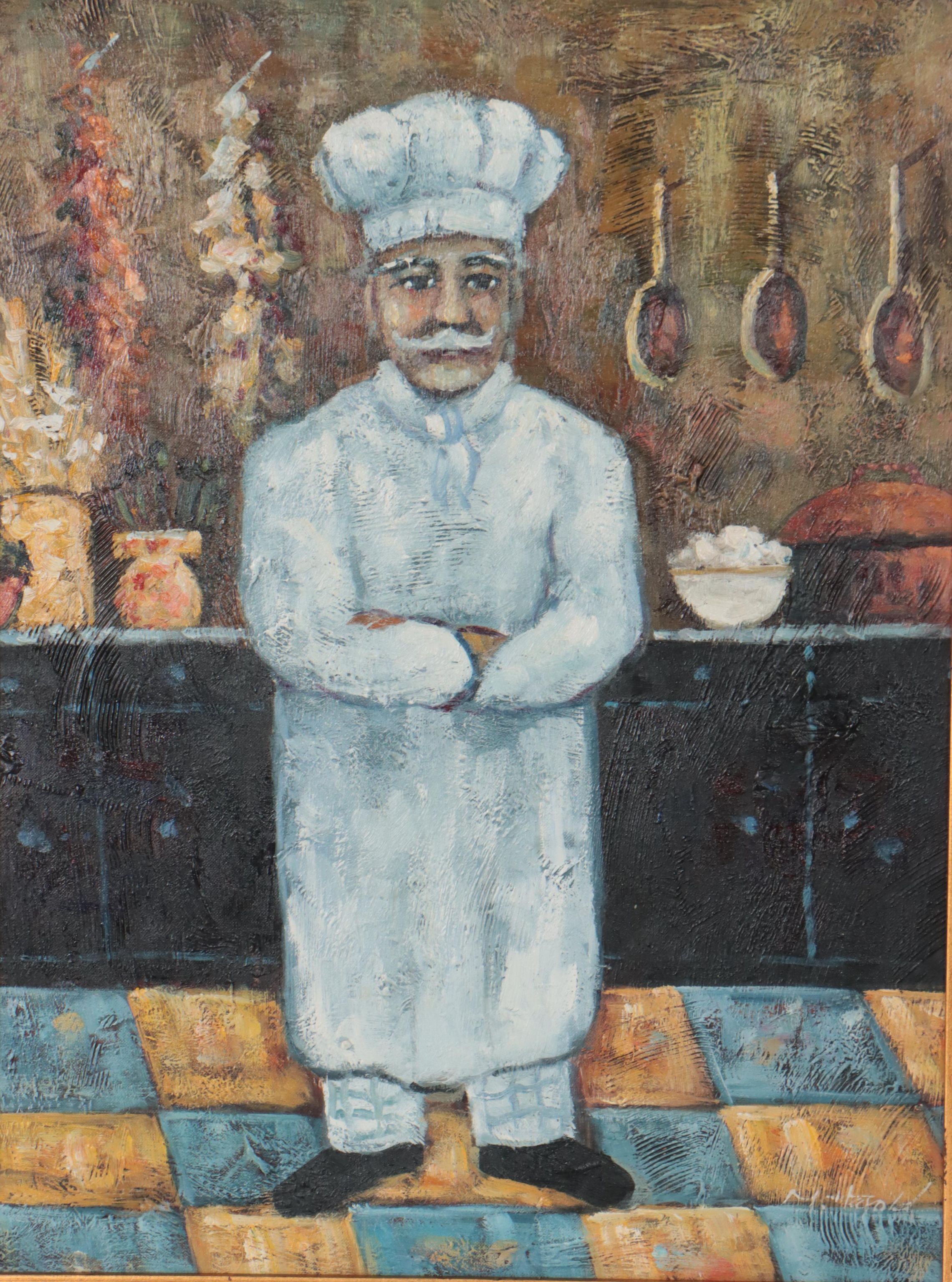 Acrylic Painting of Chef in Kitchen