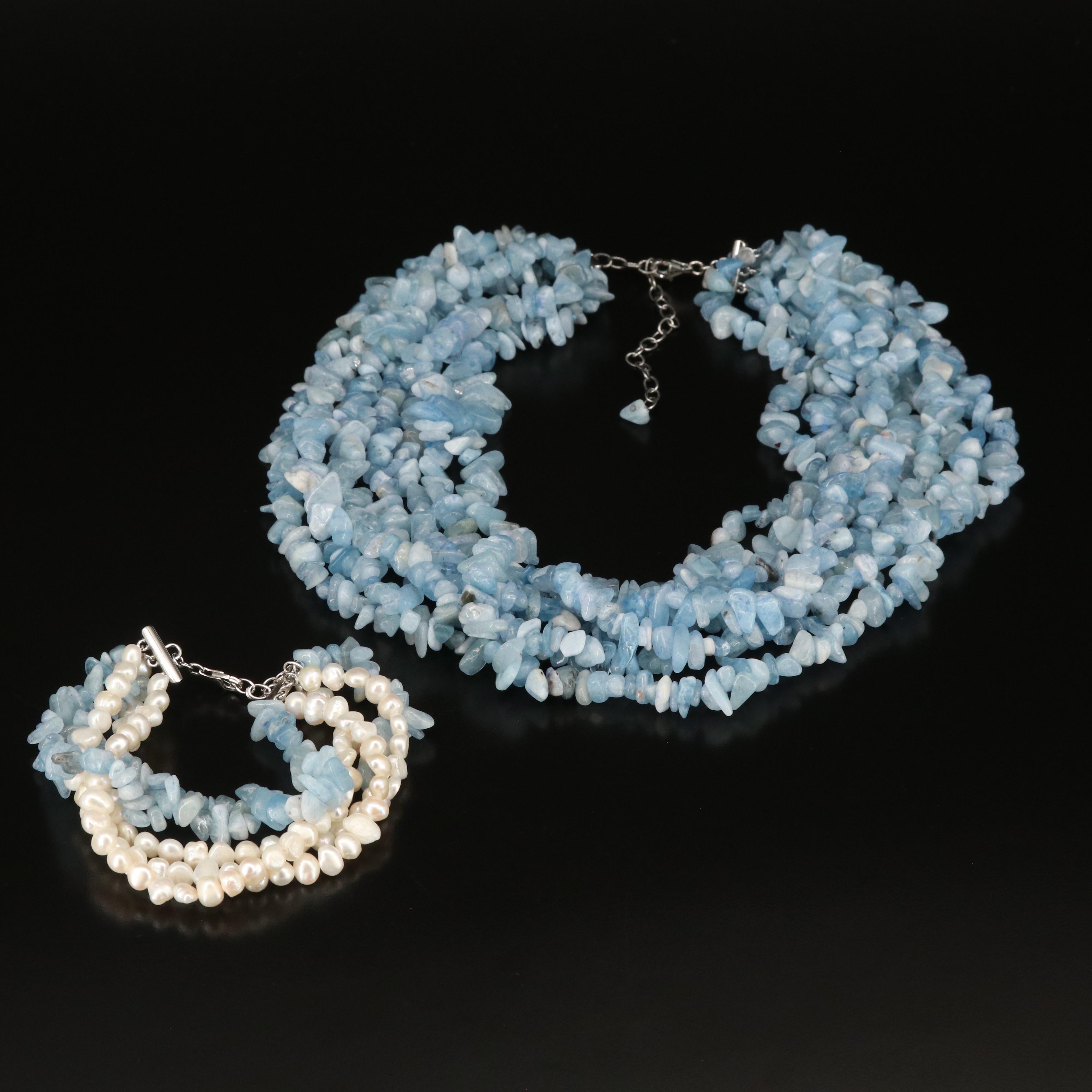 Multi-Strand Pearl and Aquamarine Bracelet and Necklace with Sterling Clasps