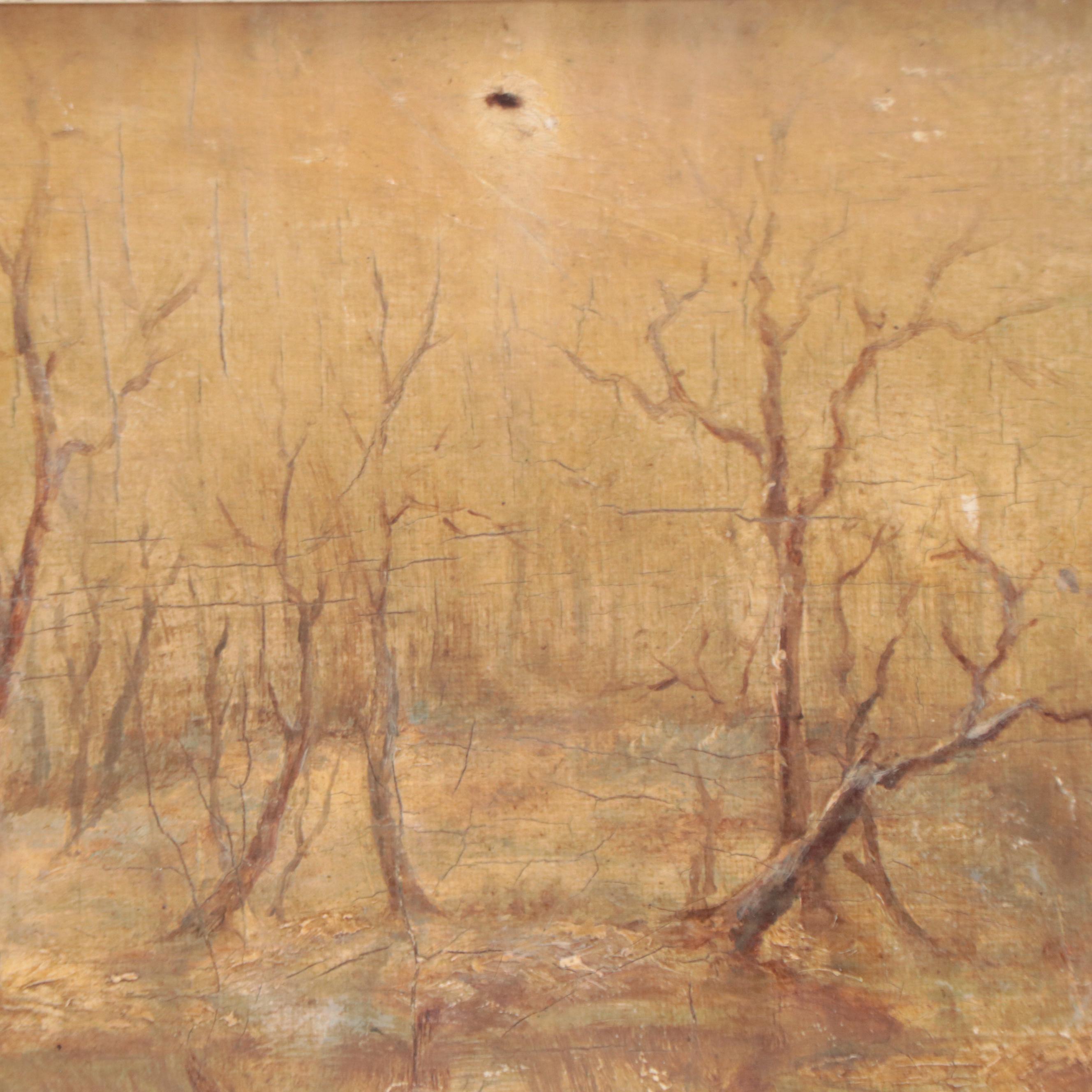 Winter Pond Landscape Oil Painting, Circa 1861