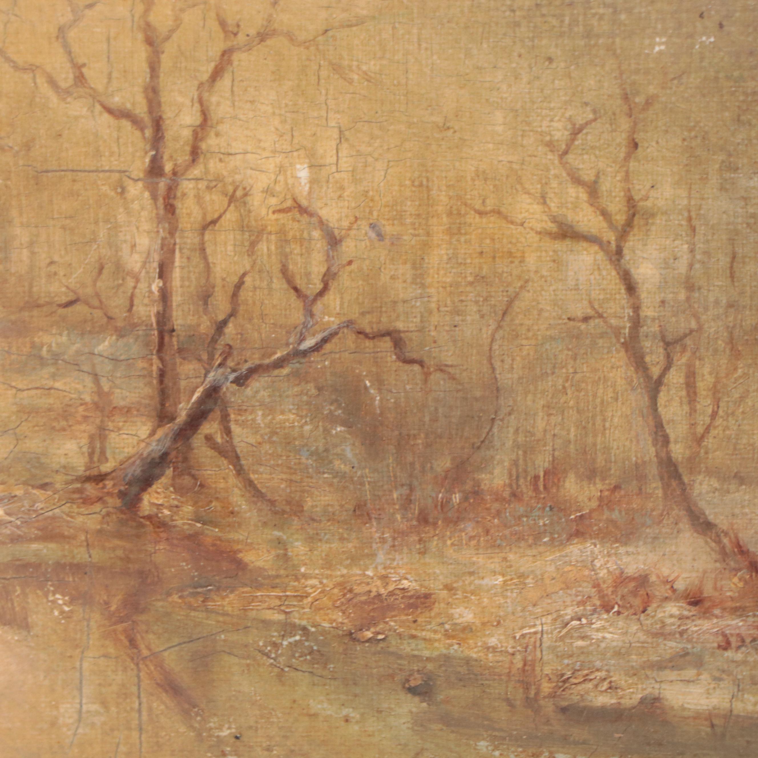 Winter Pond Landscape Oil Painting, Circa 1861