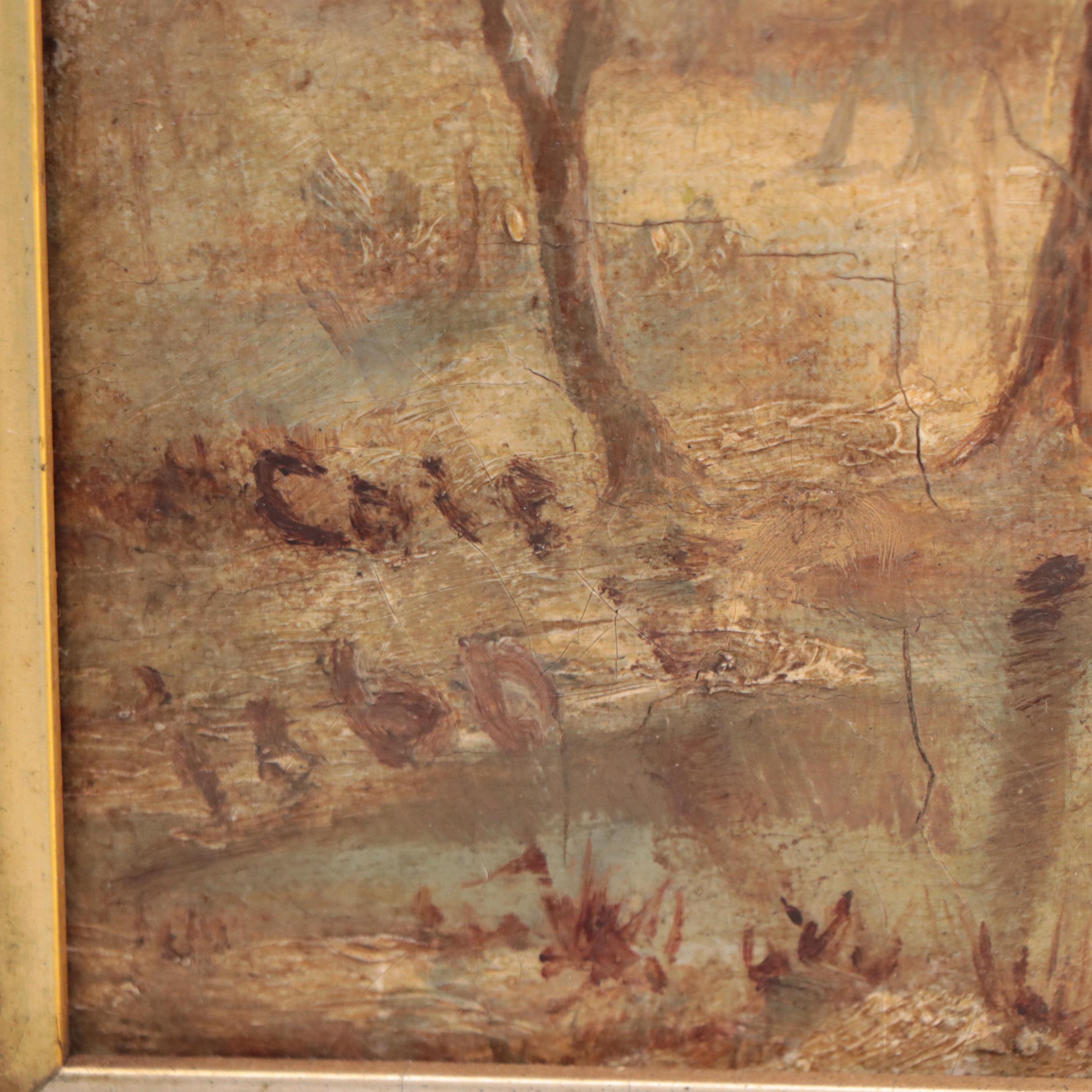 Winter Pond Landscape Oil Painting, Circa 1861