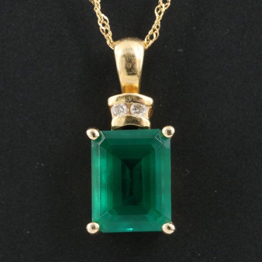 14K Emerald and Diamond Pendant on 18K Chain Necklace