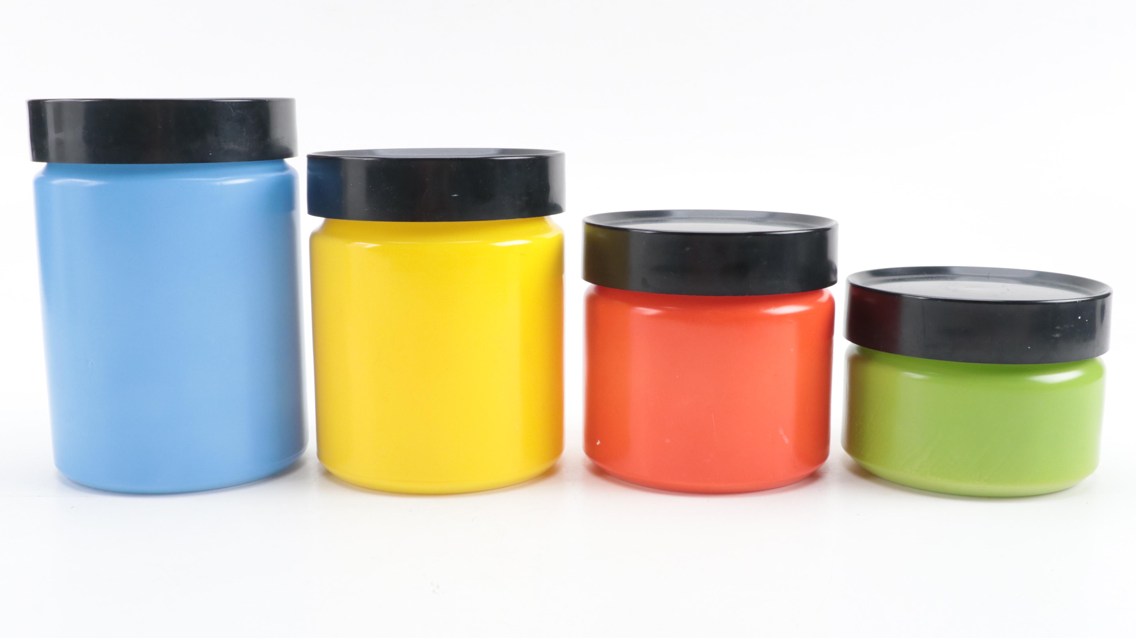 Blue, Yellow, Red and Green Milk Glass Canisters, Mid-20th Century