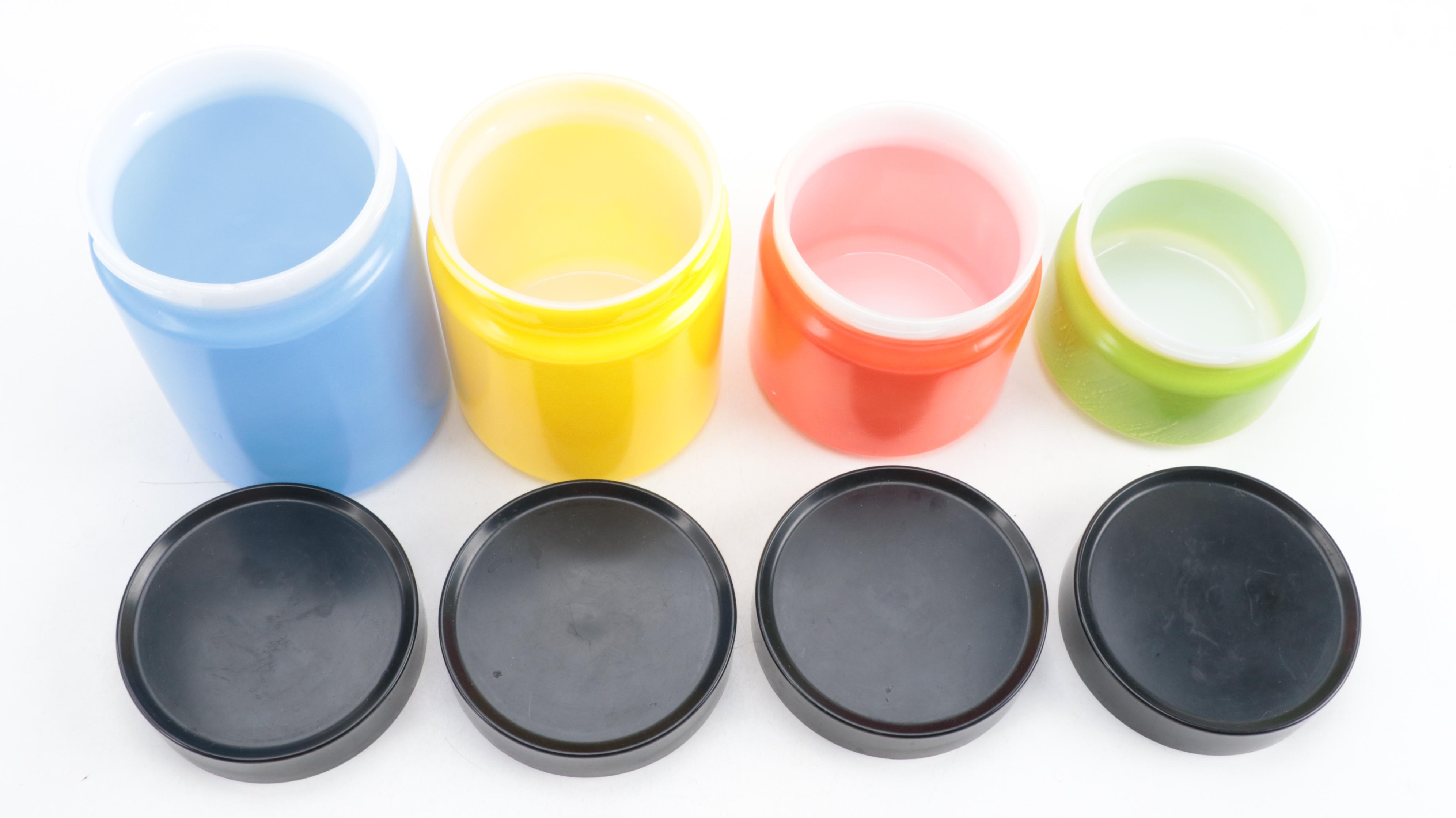 Blue, Yellow, Red and Green Milk Glass Canisters, Mid-20th Century