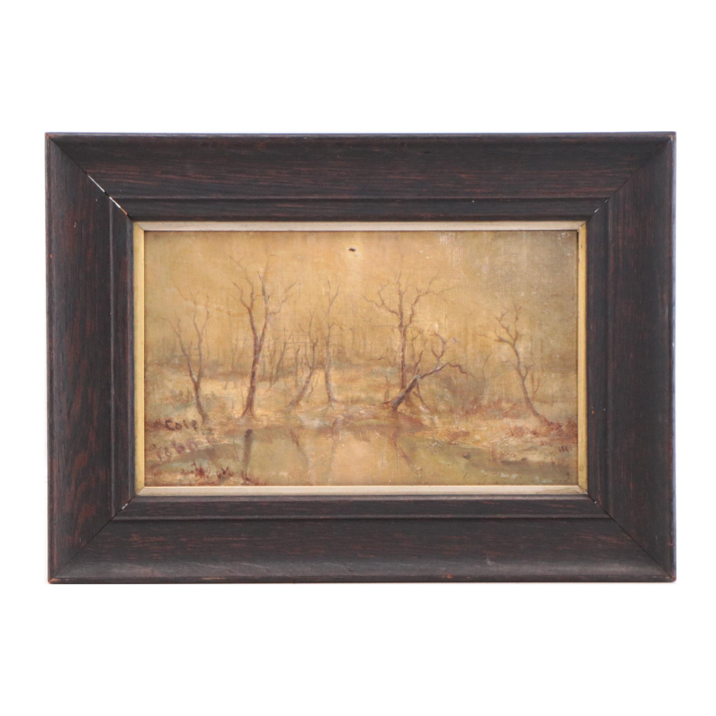 Winter Pond Landscape Oil Painting, Circa 1861