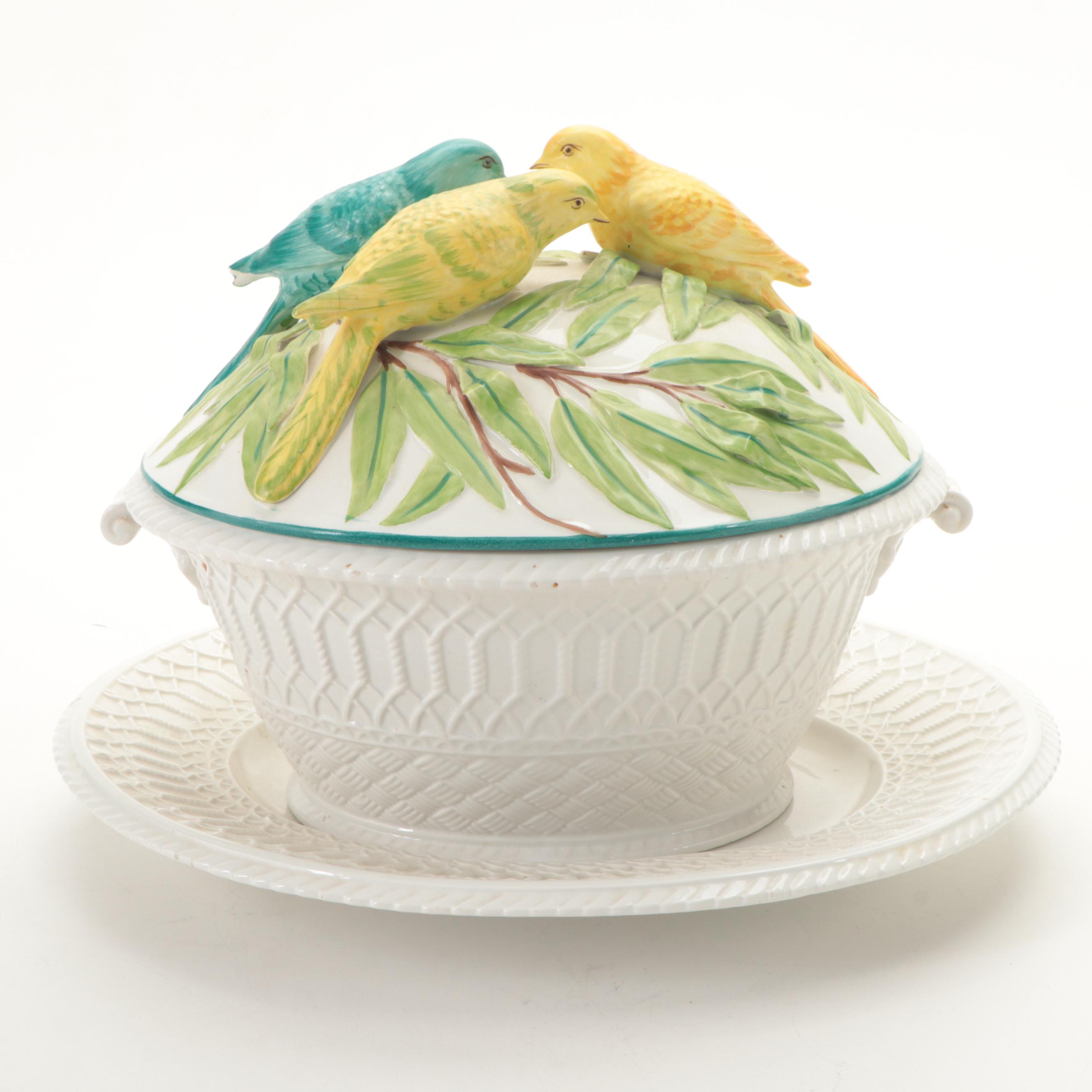 Italian Majolica Basket Weave Tureen with Lid and Underplate