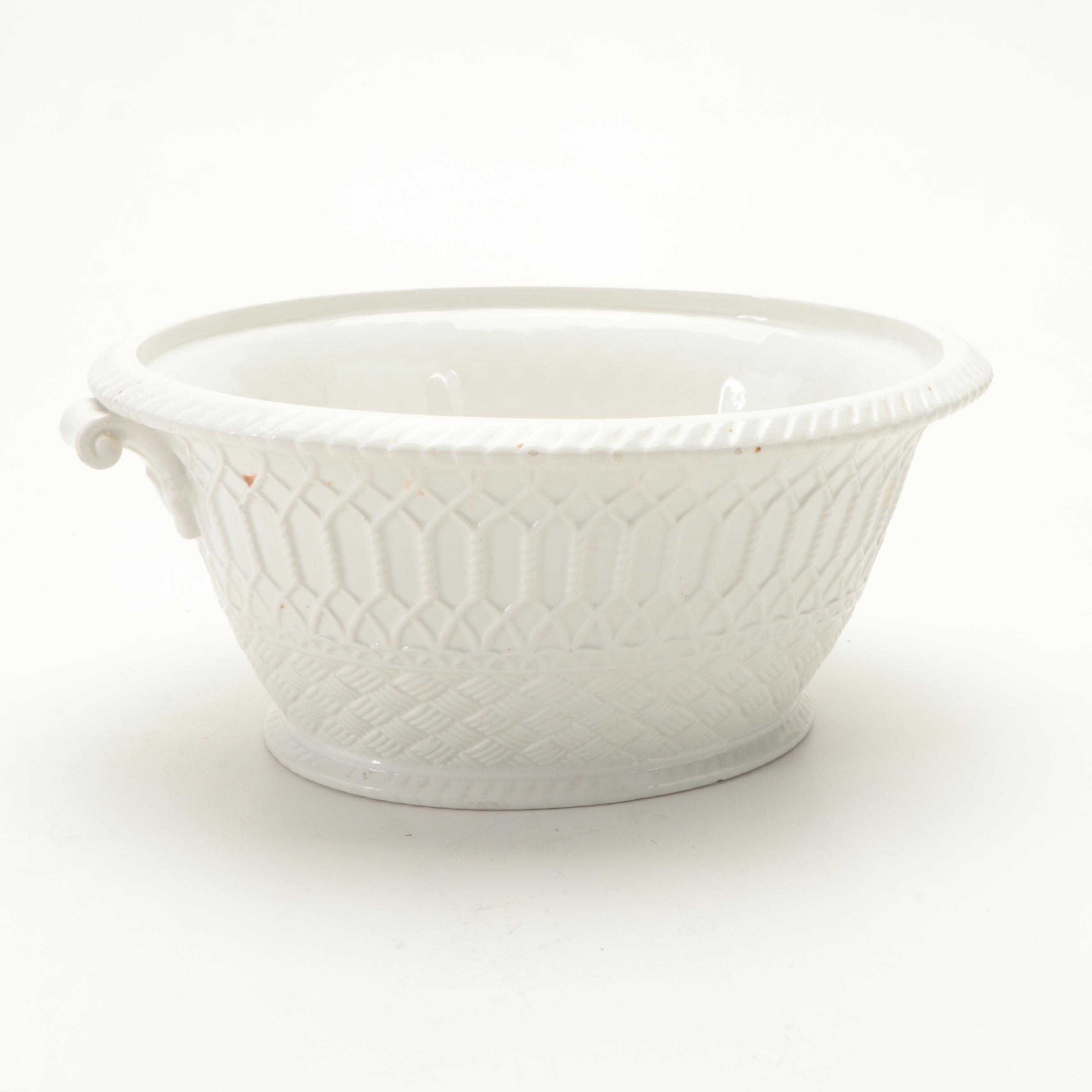 Italian Majolica Basket Weave Tureen with Lid and Underplate