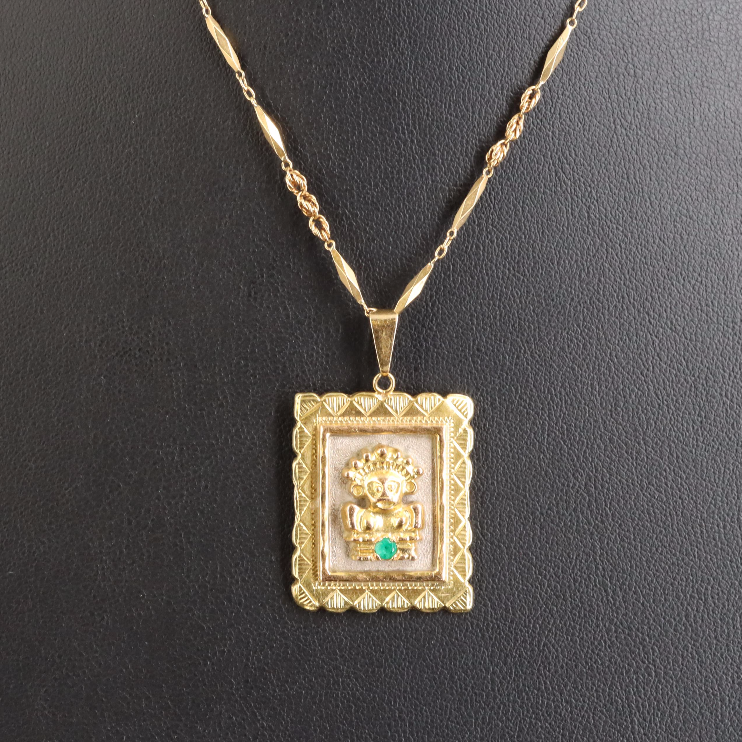18K Emerald Pre-Columbian Figure Pendant Necklace