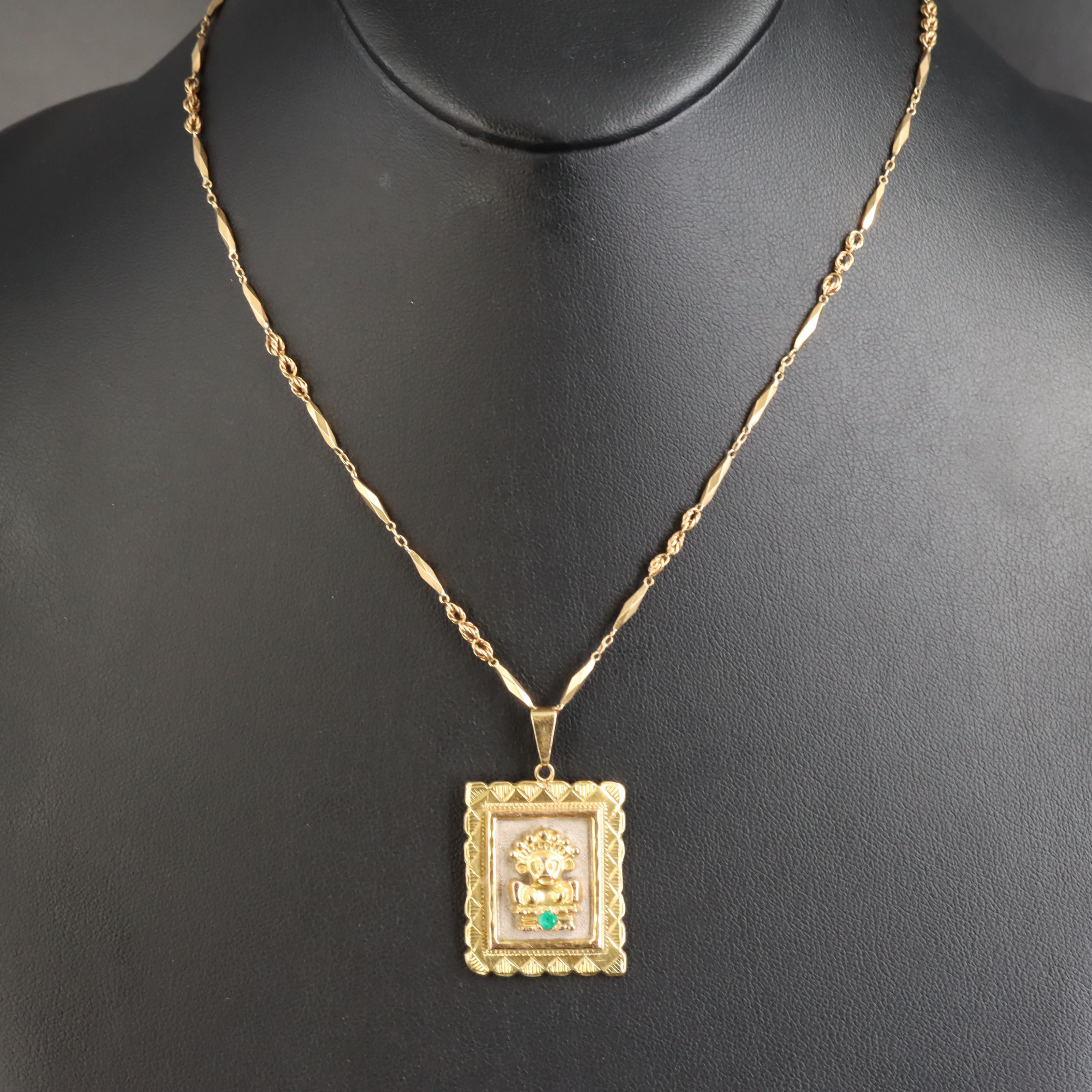 18K Emerald Pre-Columbian Figure Pendant Necklace