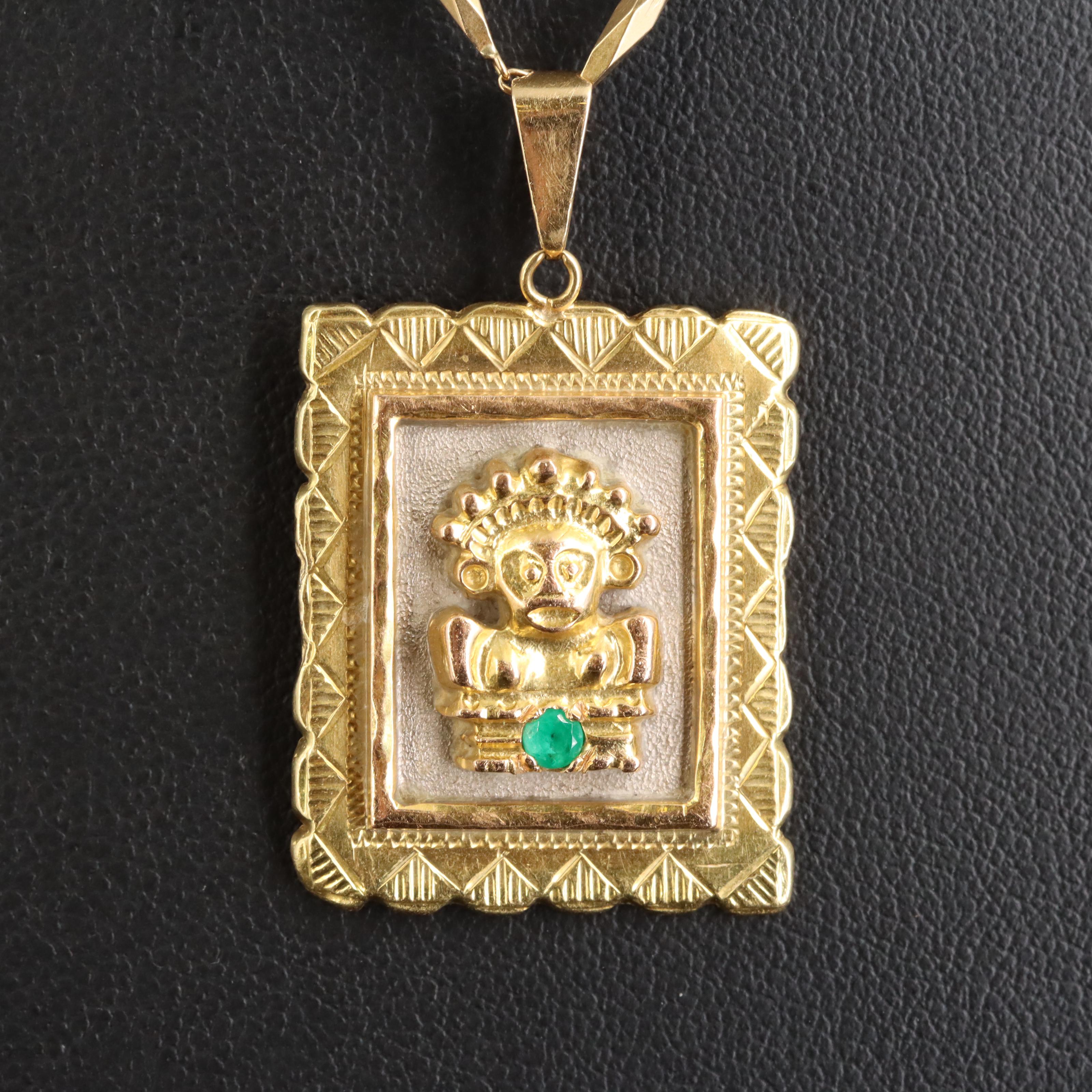 18K Emerald Pre-Columbian Figure Pendant Necklace