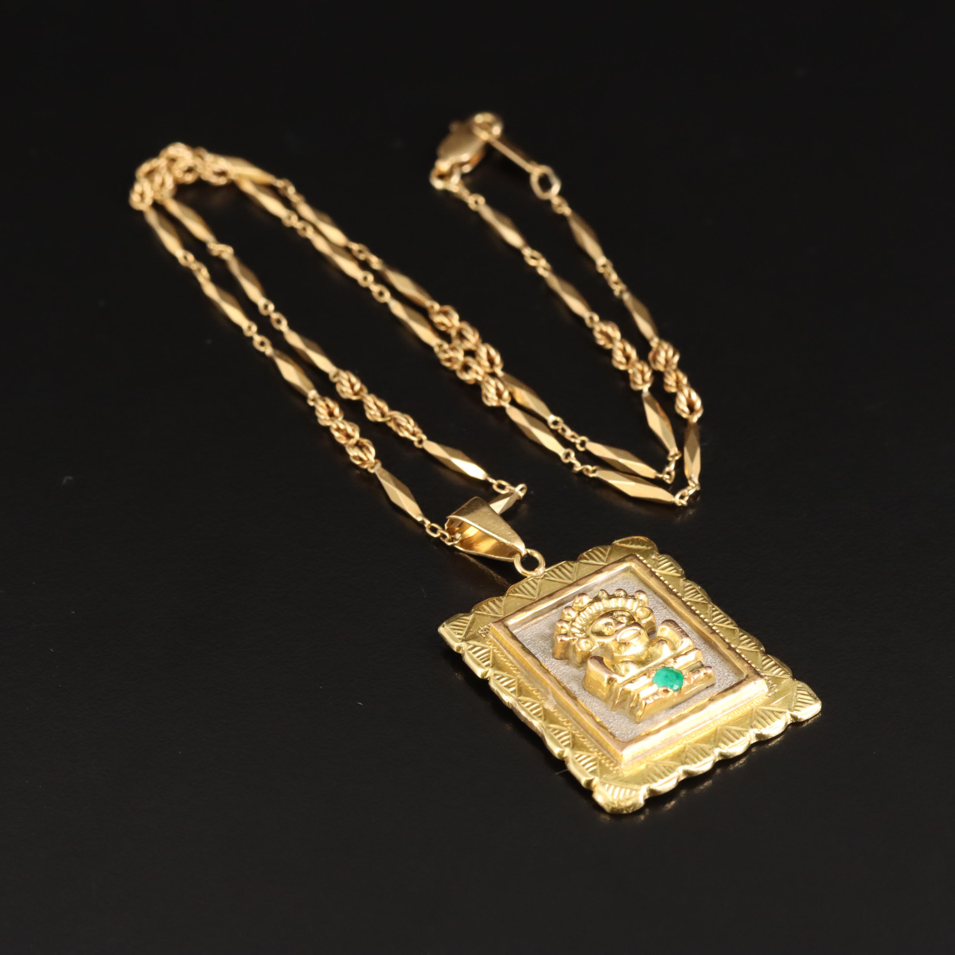 18K Emerald Pre-Columbian Figure Pendant Necklace