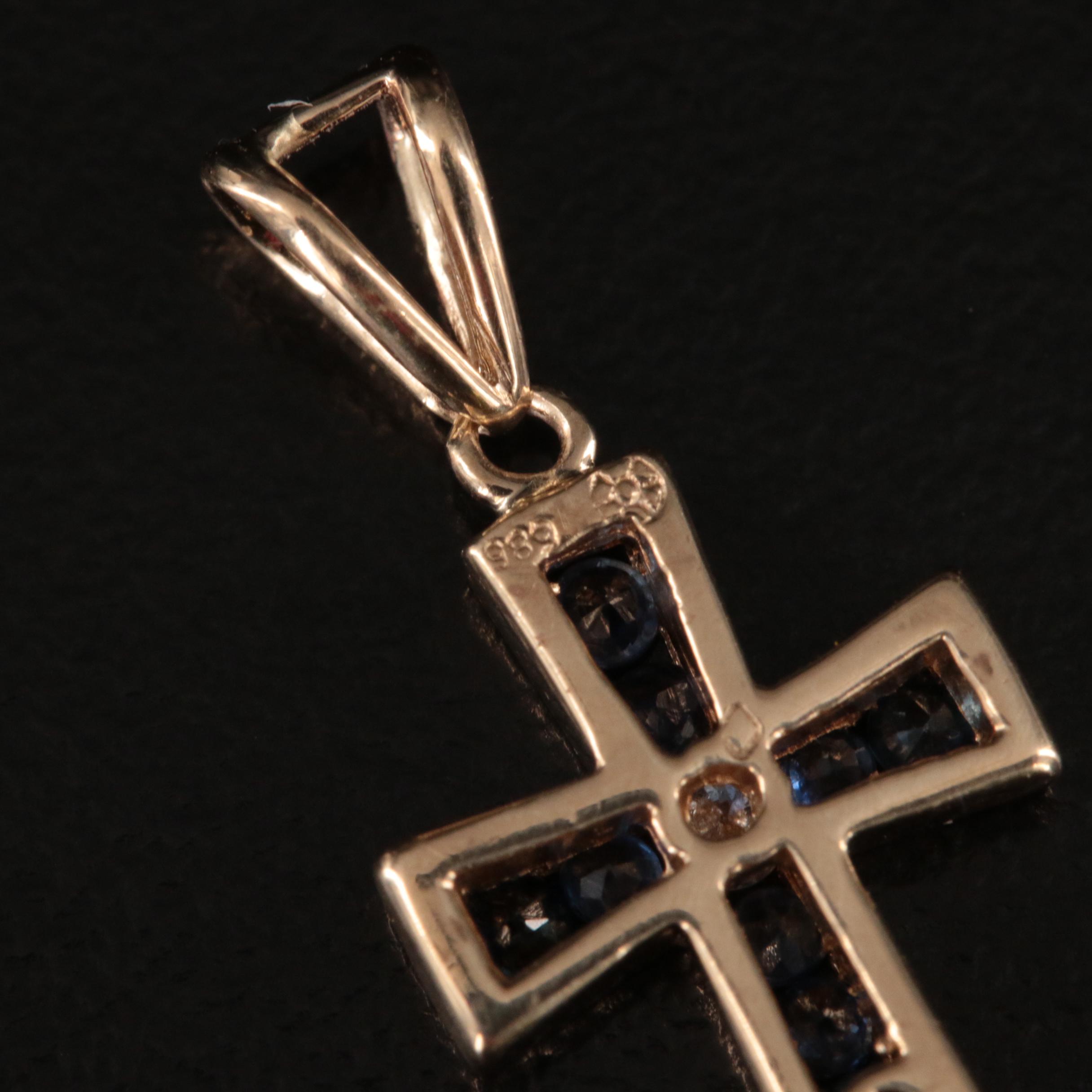 14K Diamond and Sapphire Cross Pendant