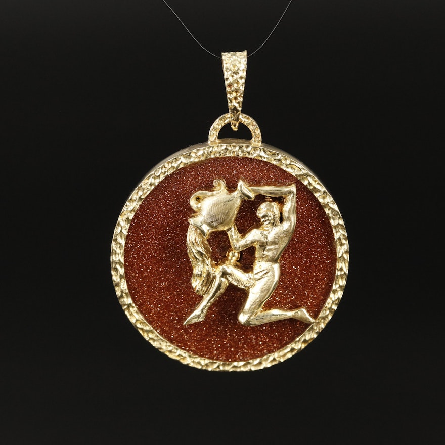 Italian Corletto 18K Goldstone Glass Aquarius Pendant