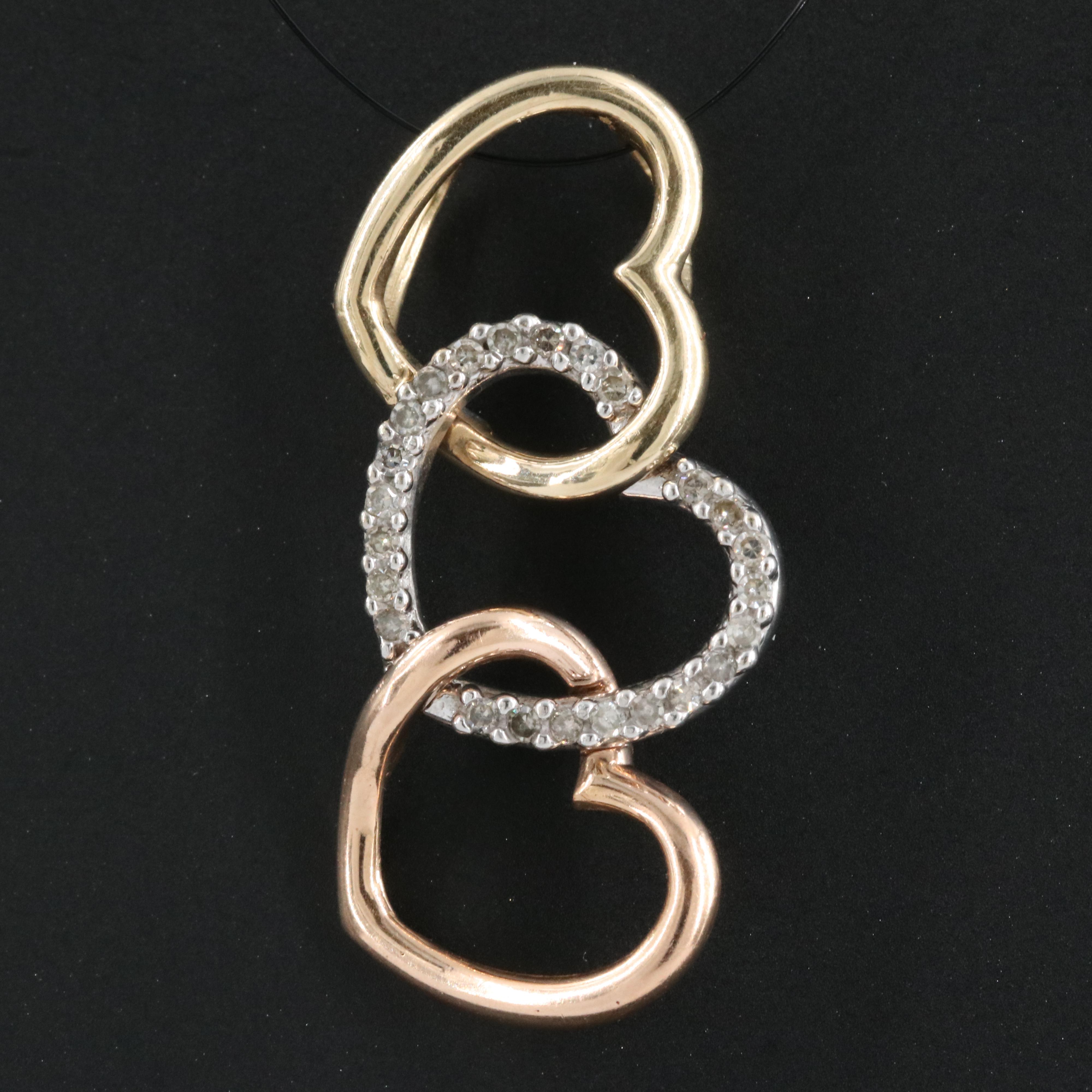 Tri-Color 14K Diamond Triple Heart Pendant