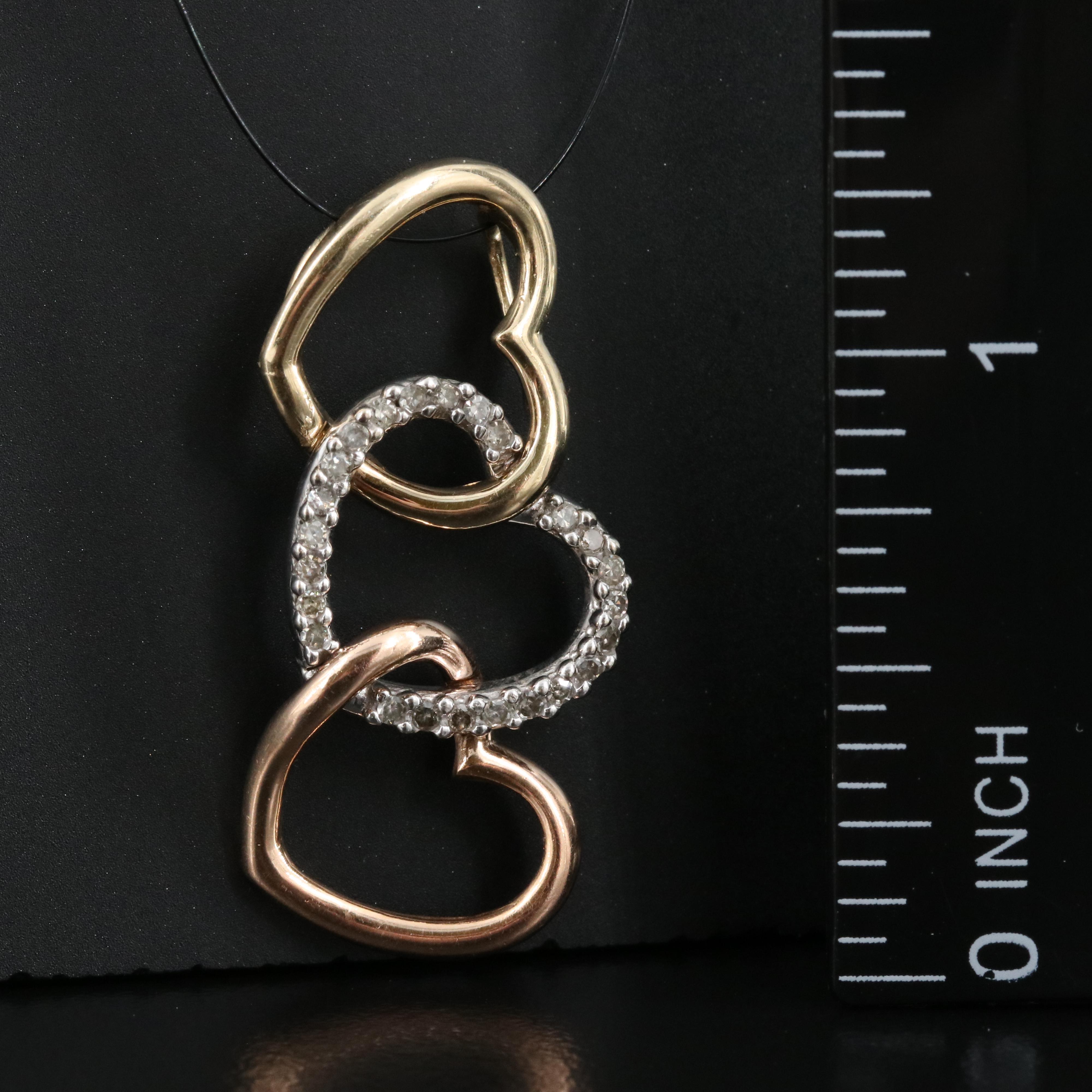 Tri-Color 14K Diamond Triple Heart Pendant